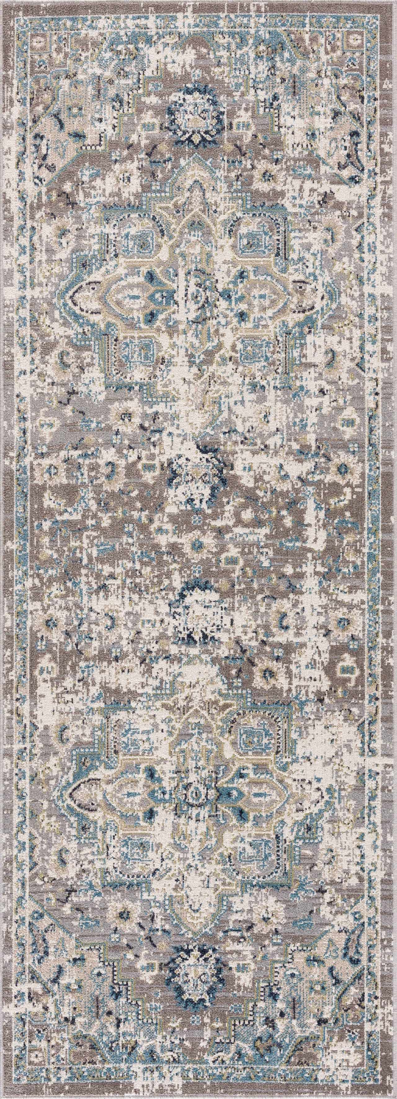"Runner version of Cabacungan Gray & Blue Rug with symmetrical traditional motifs, ideal for hallways and narrow spaces."