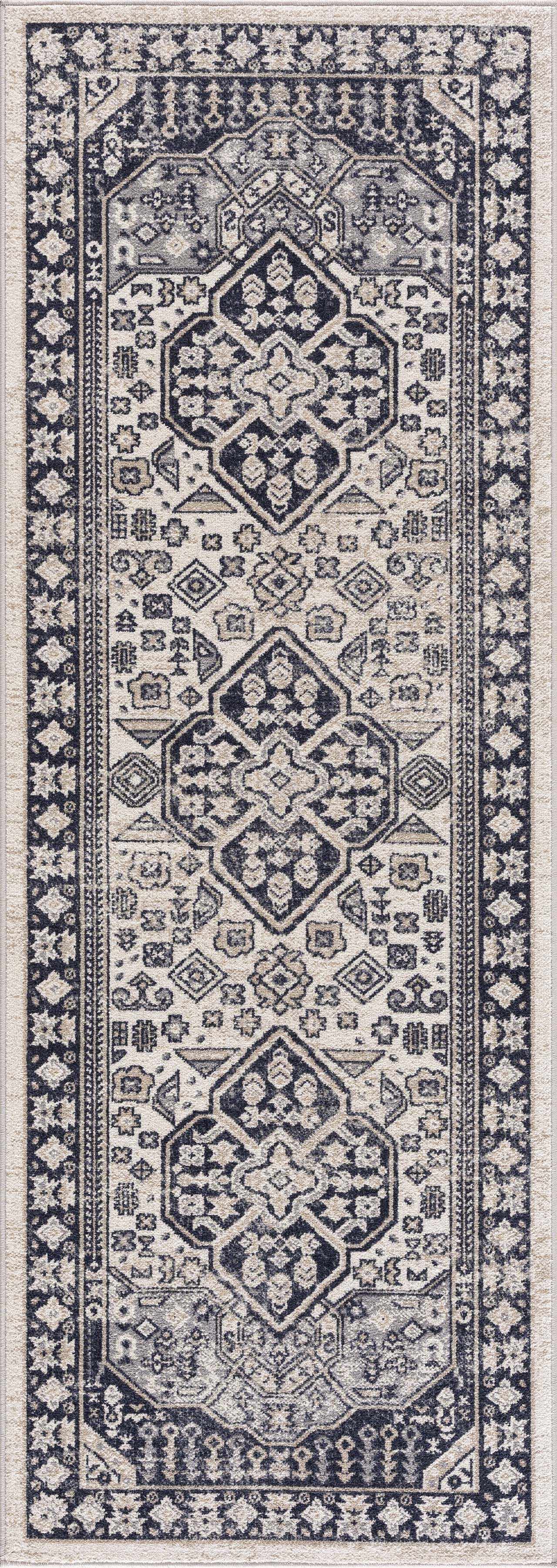 "Top view of Cabacungan runner rug in cream and gray with traditional motifs, ideal for hallways and compact spaces."