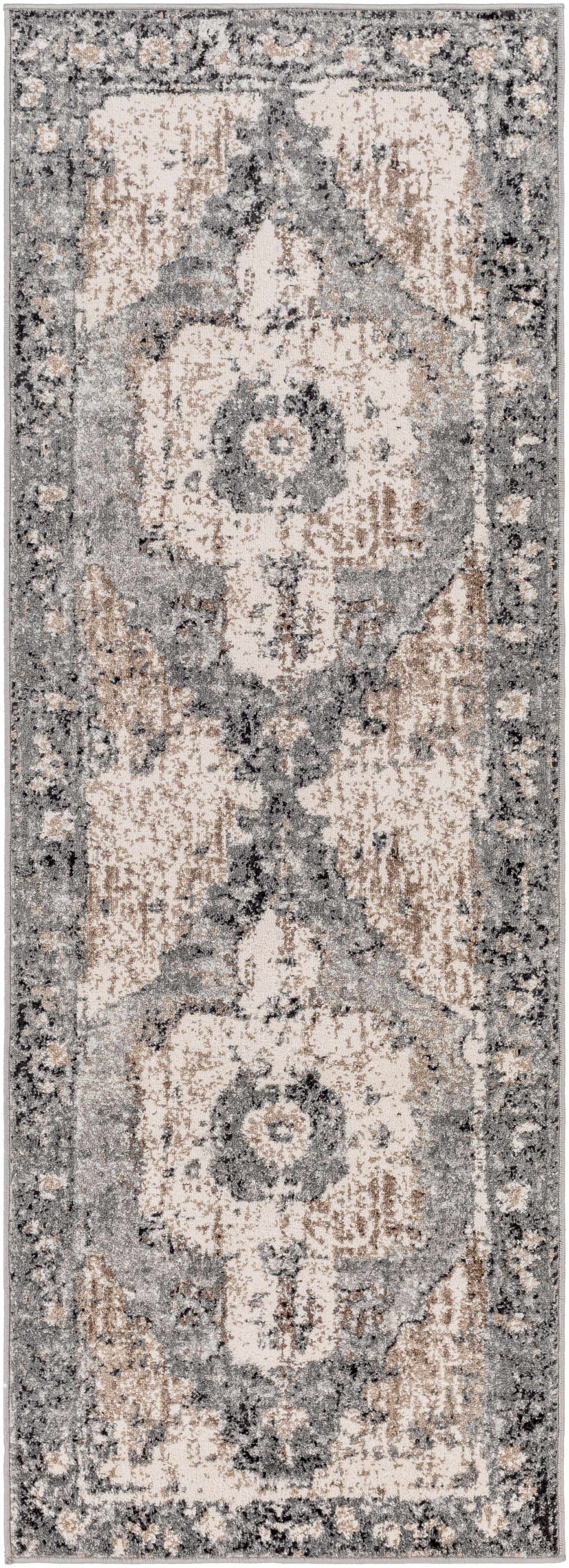 "Runner style Newalla Area Rug with intricate traditional motifs in neutral tones, ideal for hallways or narrow spaces."