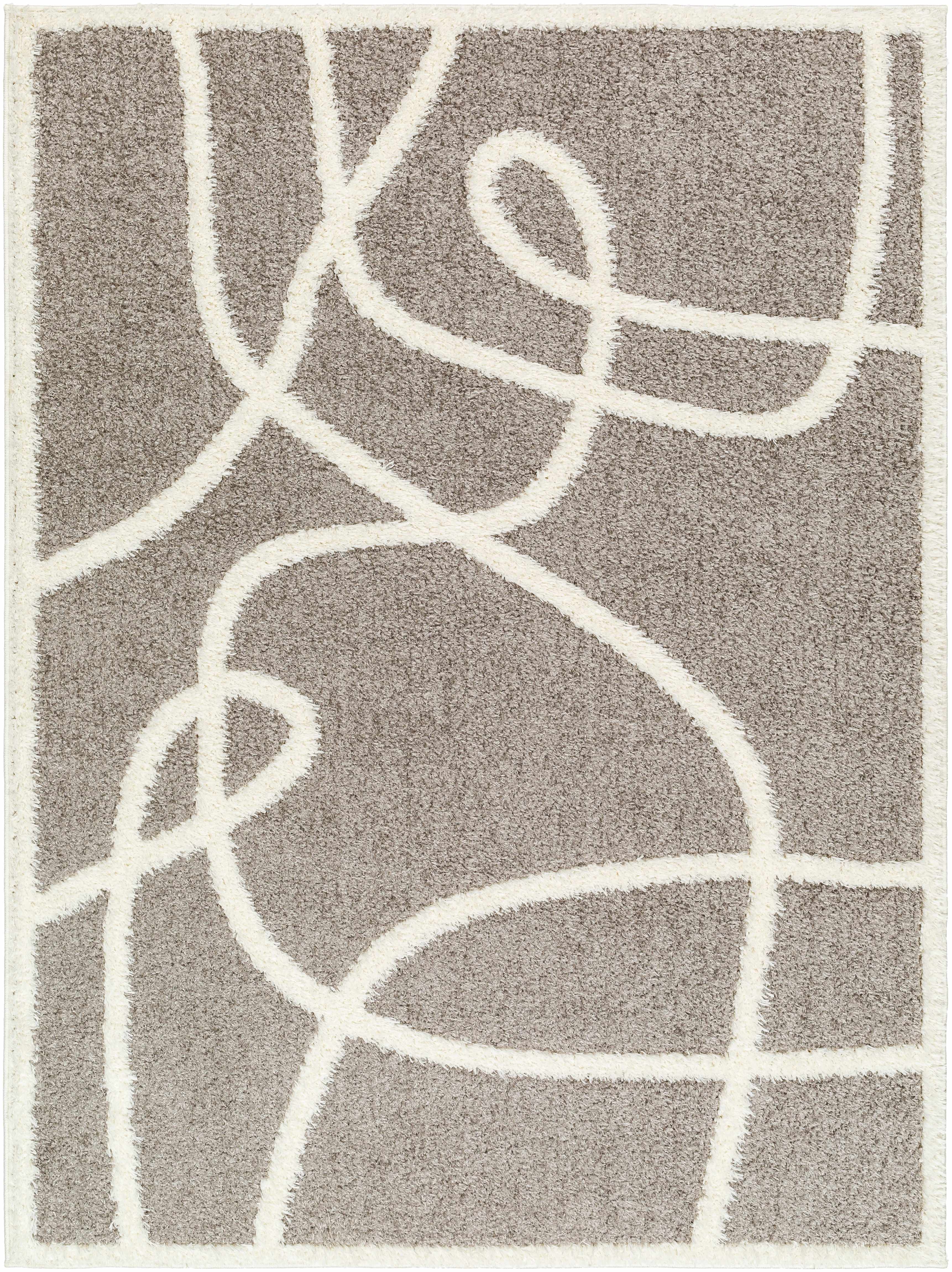 "Gilon Plush Area Rug - Clearance in taupe with ivory abstract lines, machine-woven polyester rug ideal for modern home decor."