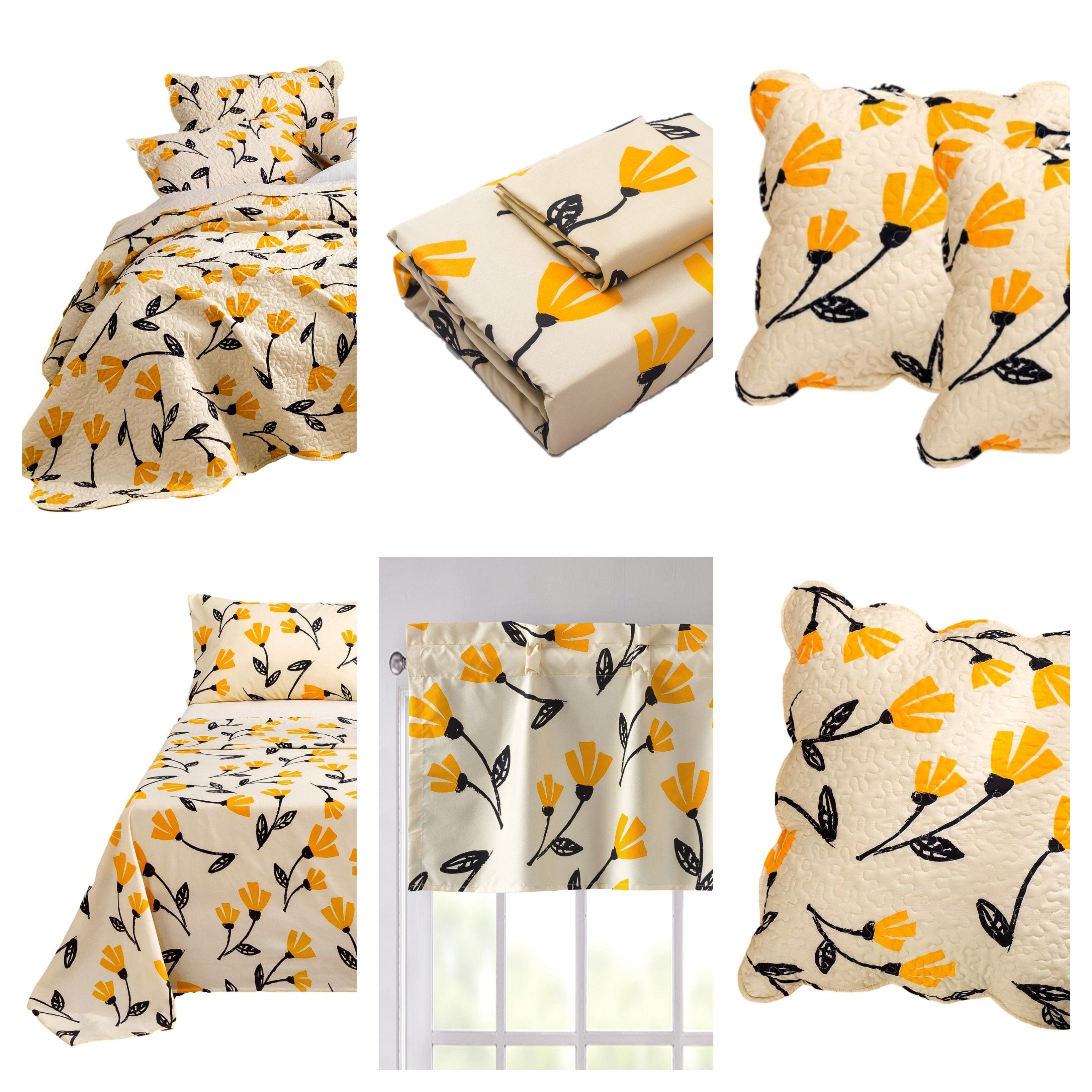 DaDa Bed in a Bag Bundle Set - Yellow Fleur Botanical Ivory Tan Floral Bedding Set (18112) by DaDa Bedding Collection
