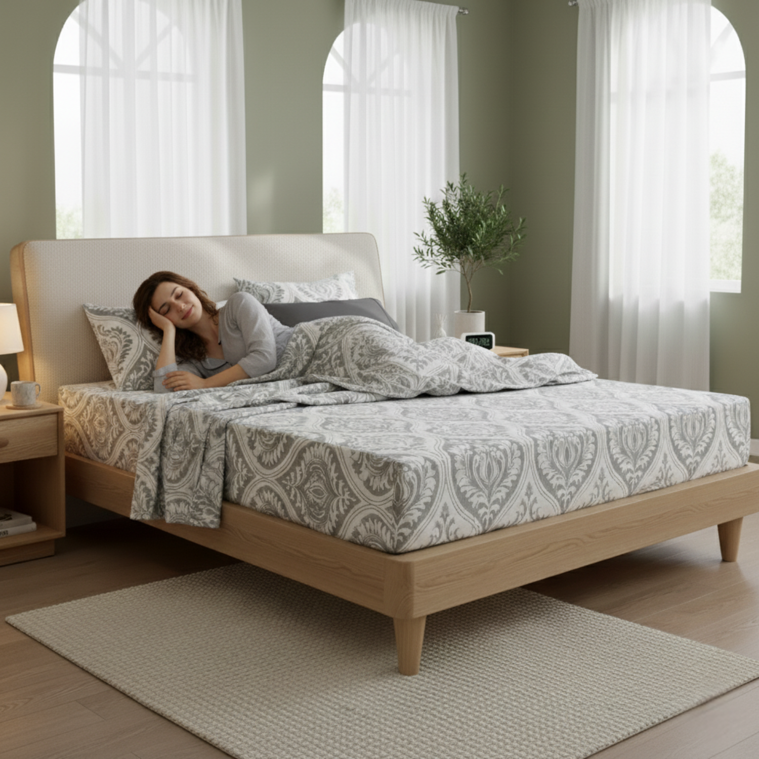 Dreamy Moon Sky Ogee Damask Heather Gray White Bed Sheet Set