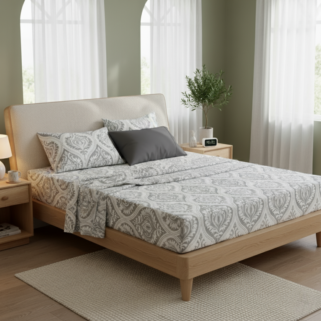 Dreamy Moon Sky Ogee Damask Heather Gray White Bed Sheet Set