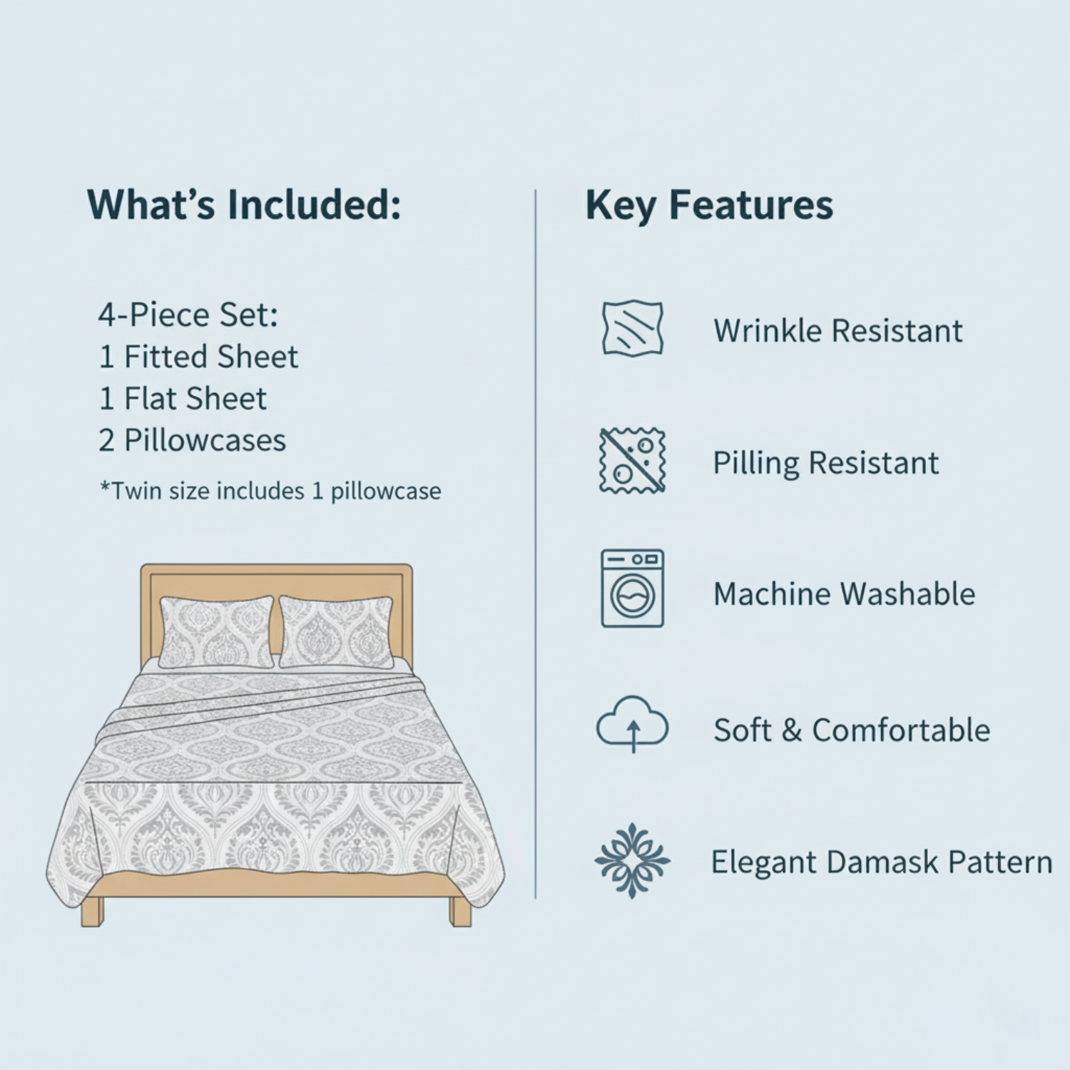 Dreamy Moon Sky Ogee Damask Heather Gray White Bed Sheet Set