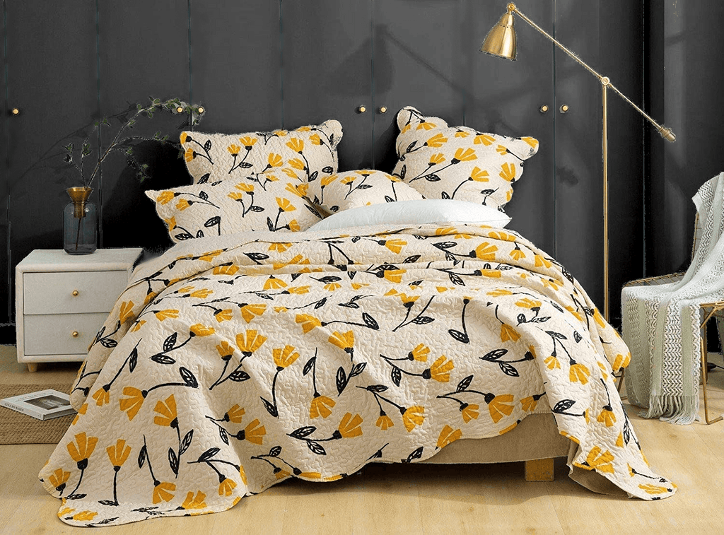Yellow Fleur Floral Golden Orange Ivory Cream Scalloped Bedspread Set