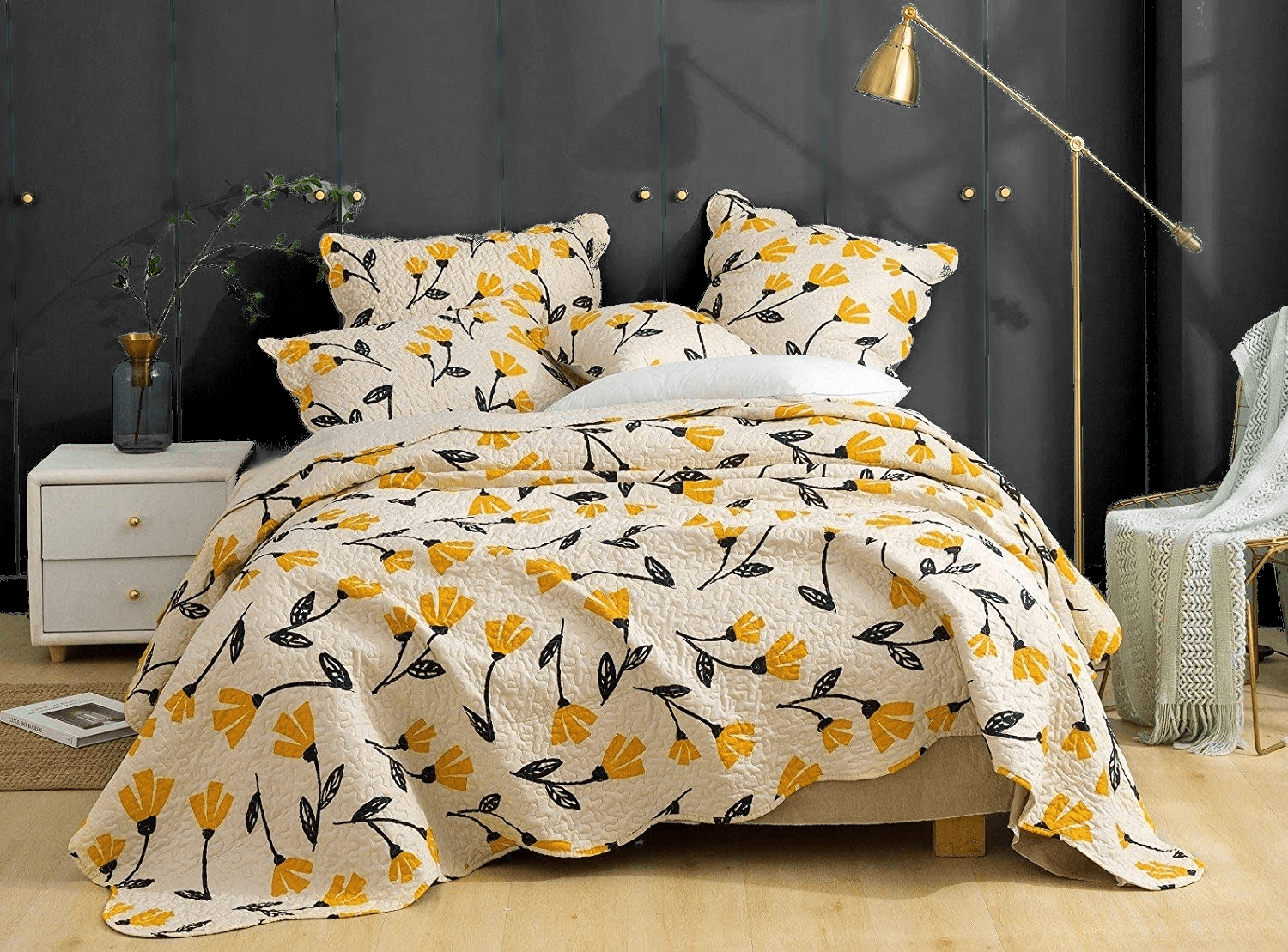 Yellow Fleur Floral Golden Orange Ivory Cream Scalloped Bedspread Set