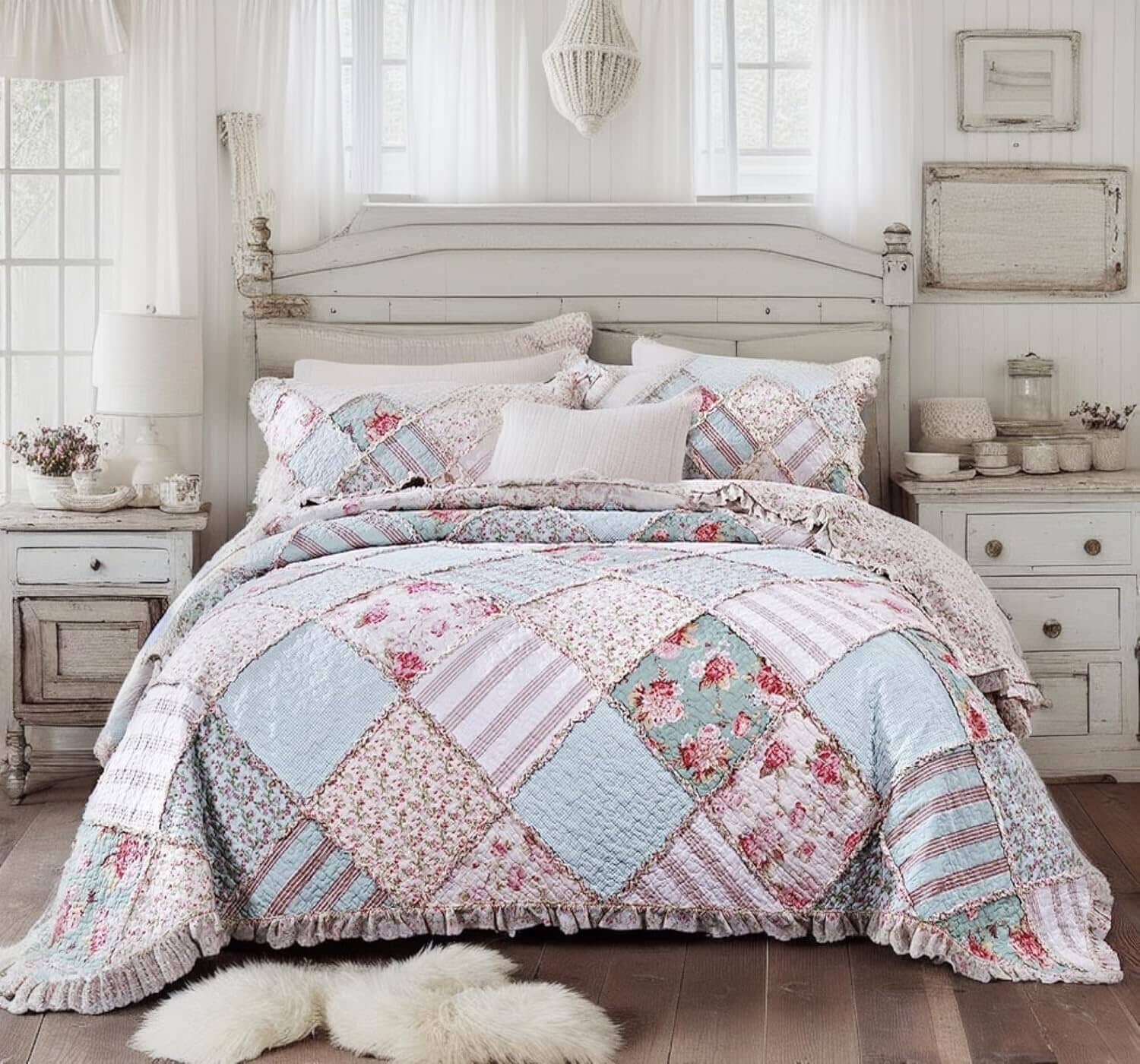 DaDa Bedding Hint of Mint Floral Pastel Cotton Patchwork Ruffle Bedspread Set (JHW-3036) by DaDa Bedding Collection