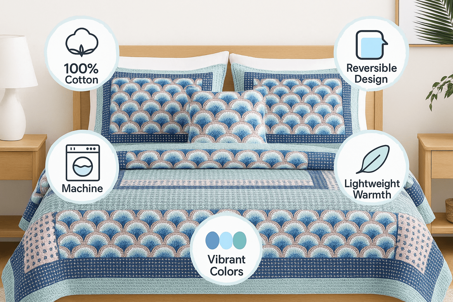 Mediterranean Blue Mint Green Patchwork Quilted Bedspread Set