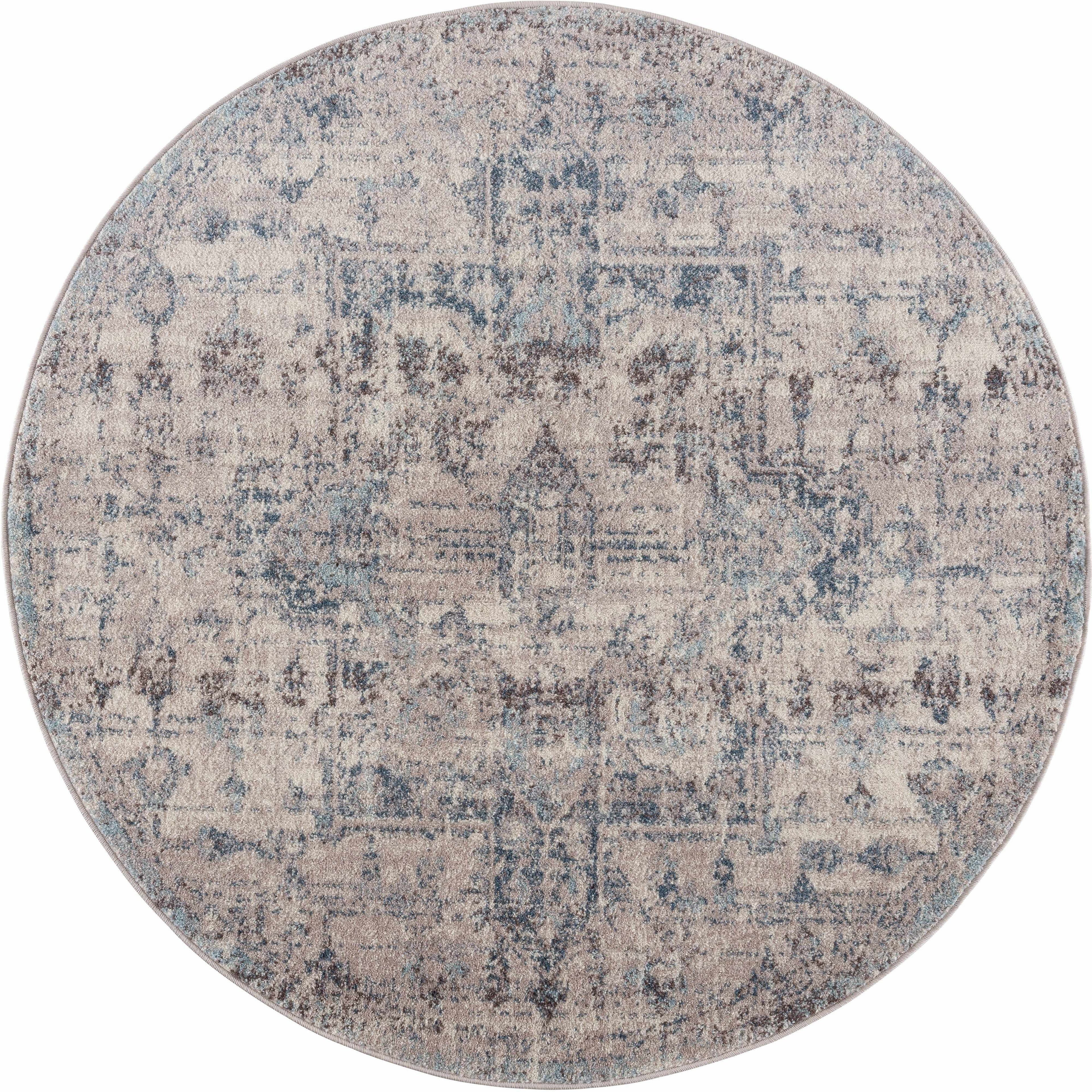 "Round Orrick Area Rug - Modern Farmhouse Rug | Persian Style with intricate medallion design in muted blue and beige, ideal for modern decor."