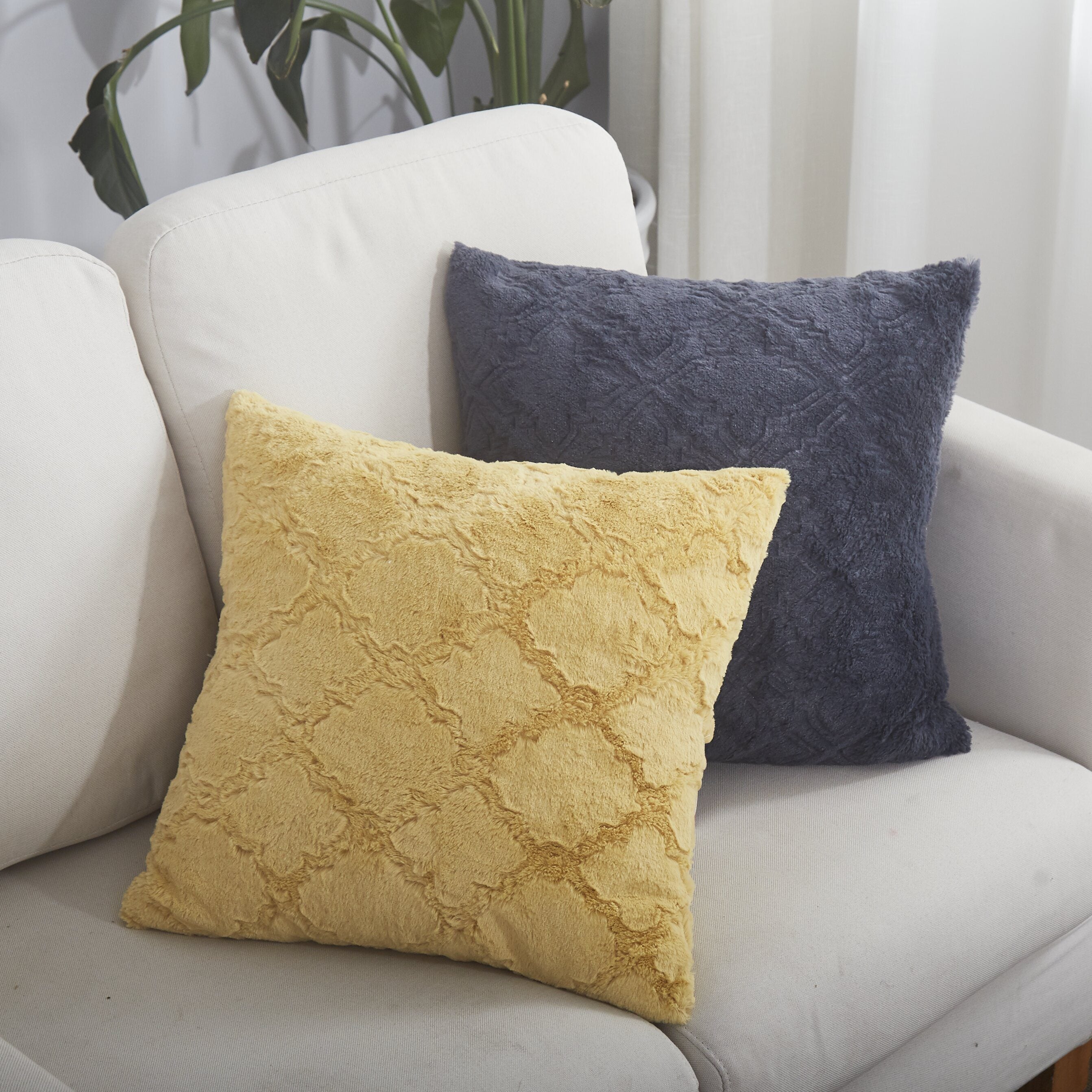 Faux Fur Steel Navy Blue Diamond Trellis Pattern Euro Sham