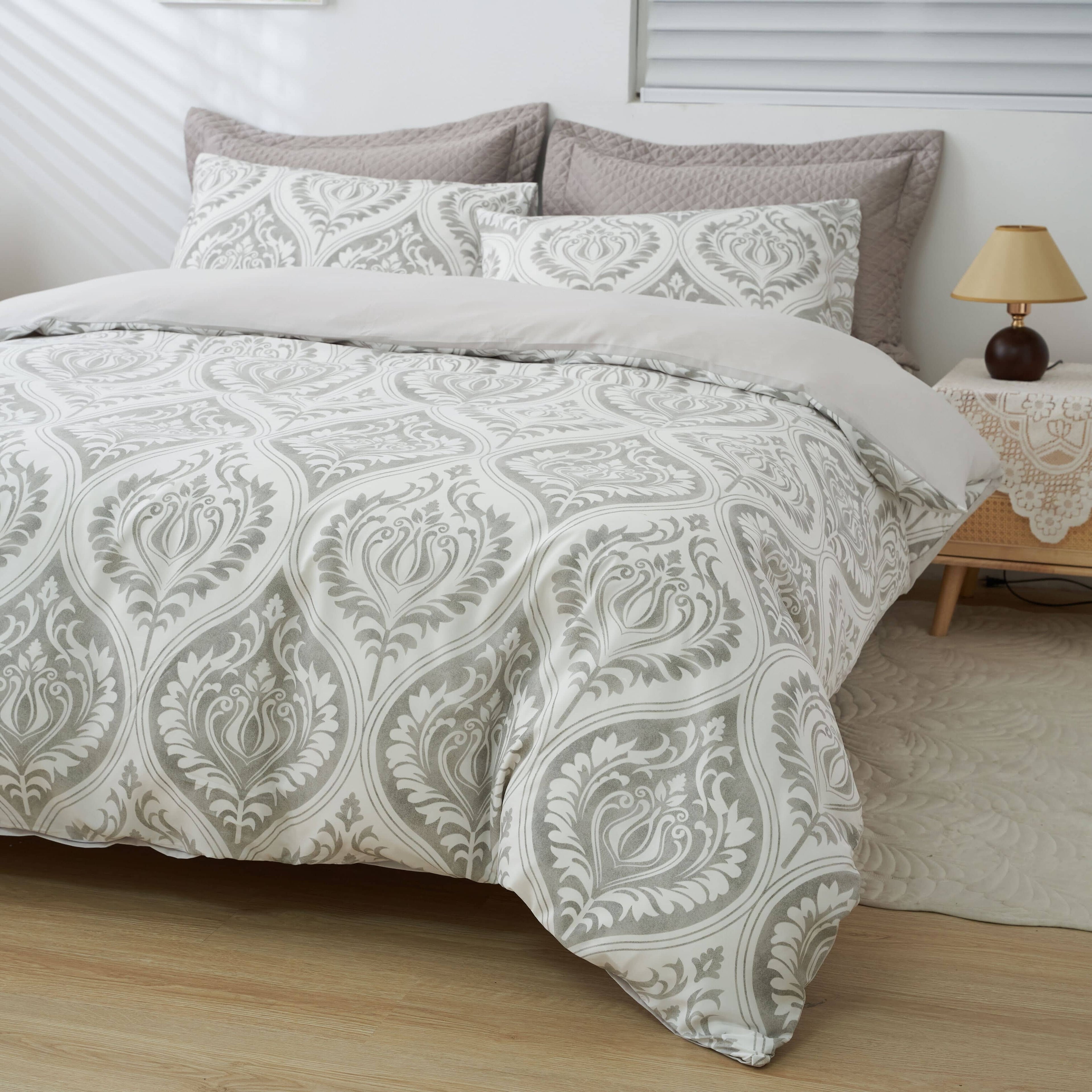 Dreamy Moon Sky Ogee Damask Heather Gray White Duvet Cover Set