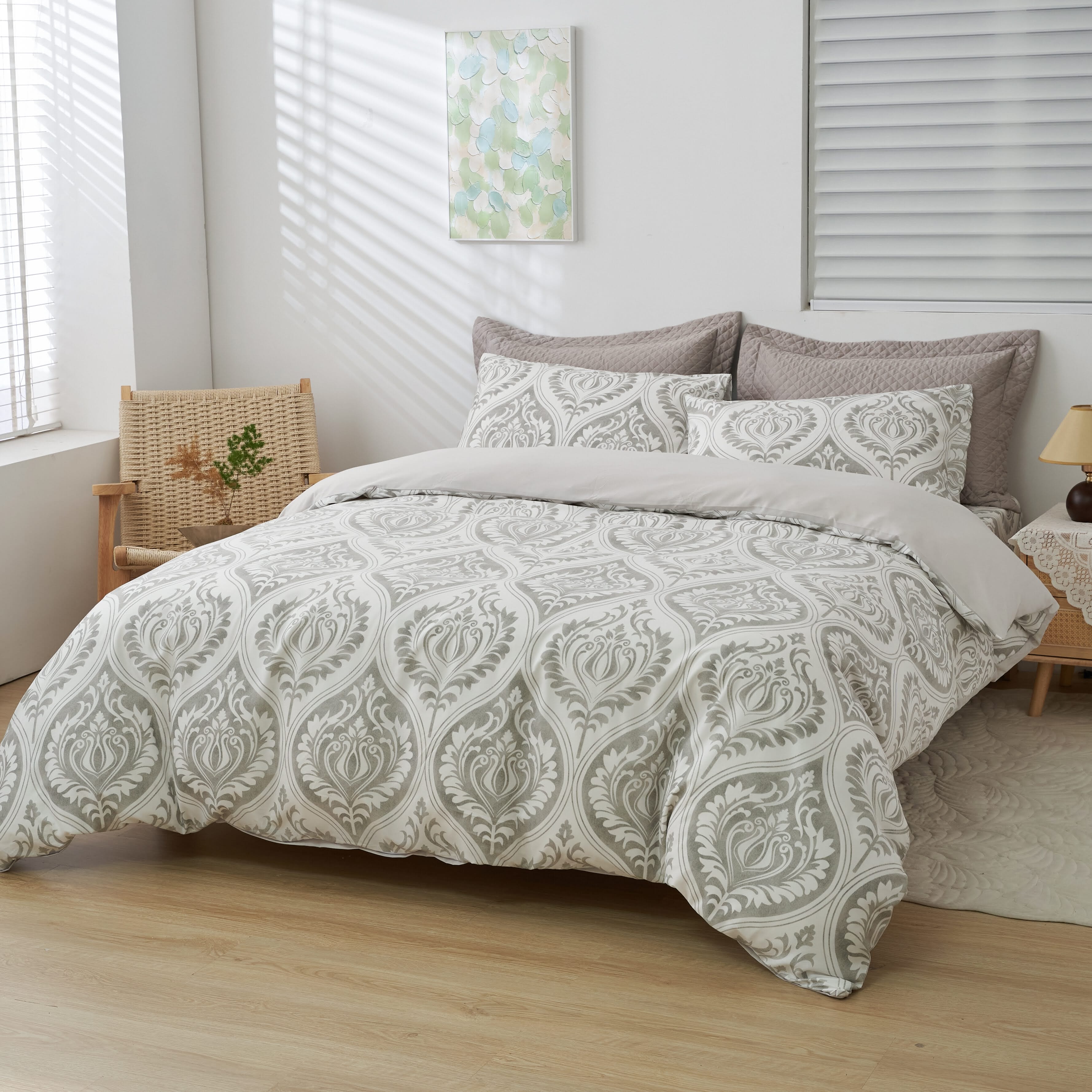 Dreamy Moon Sky Ogee Damask Heather Gray White Duvet Cover Set