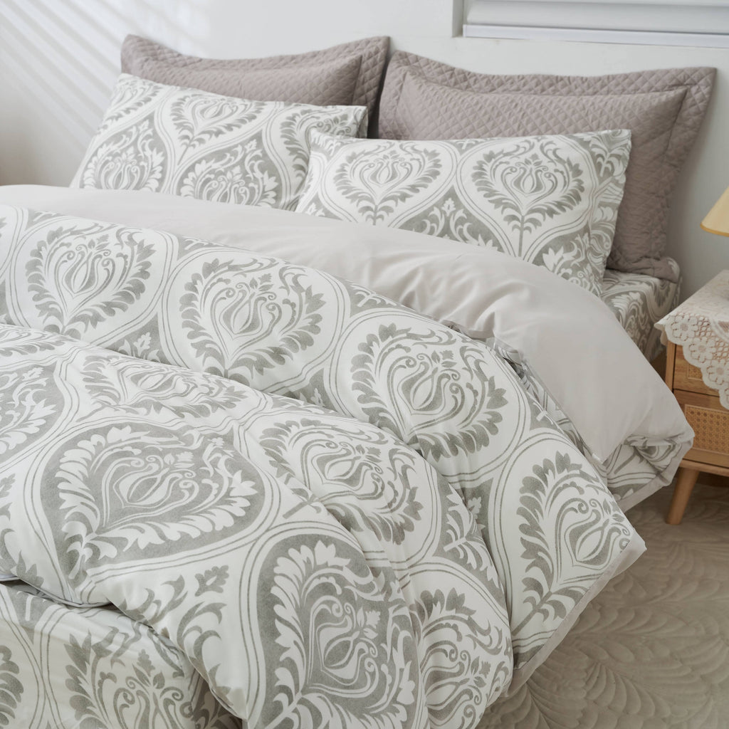 Dreamy Moon Sky Ogee Damask Heather Gray White Duvet Cover Set