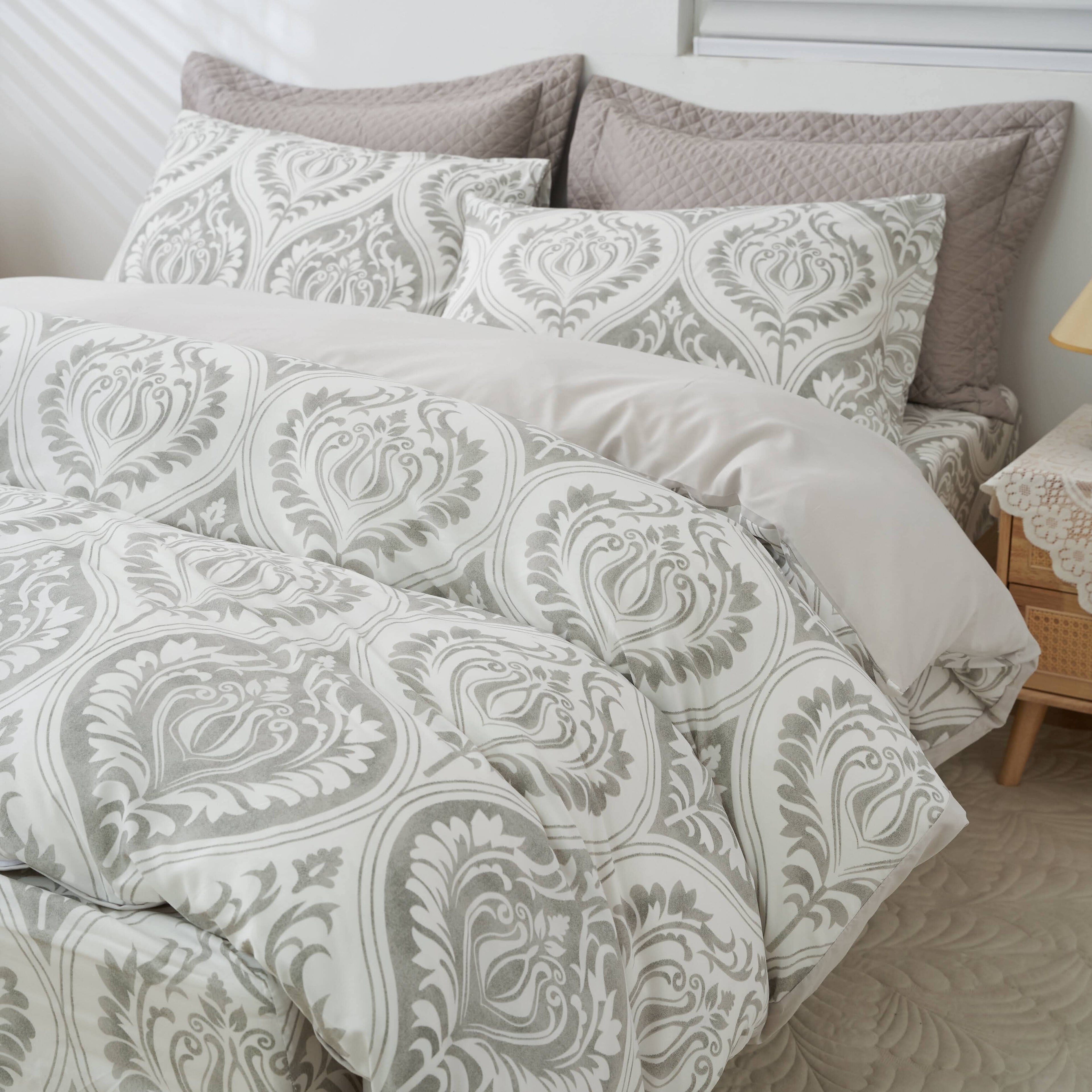 Dreamy Moon Sky Ogee Damask Heather Gray White Duvet Cover Set