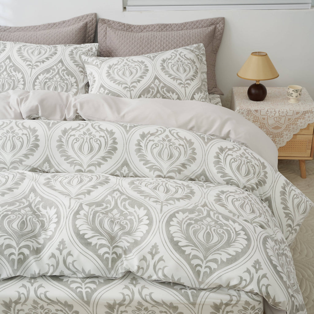 Dreamy Moon Sky Ogee Damask Heather Gray White Duvet Cover Set