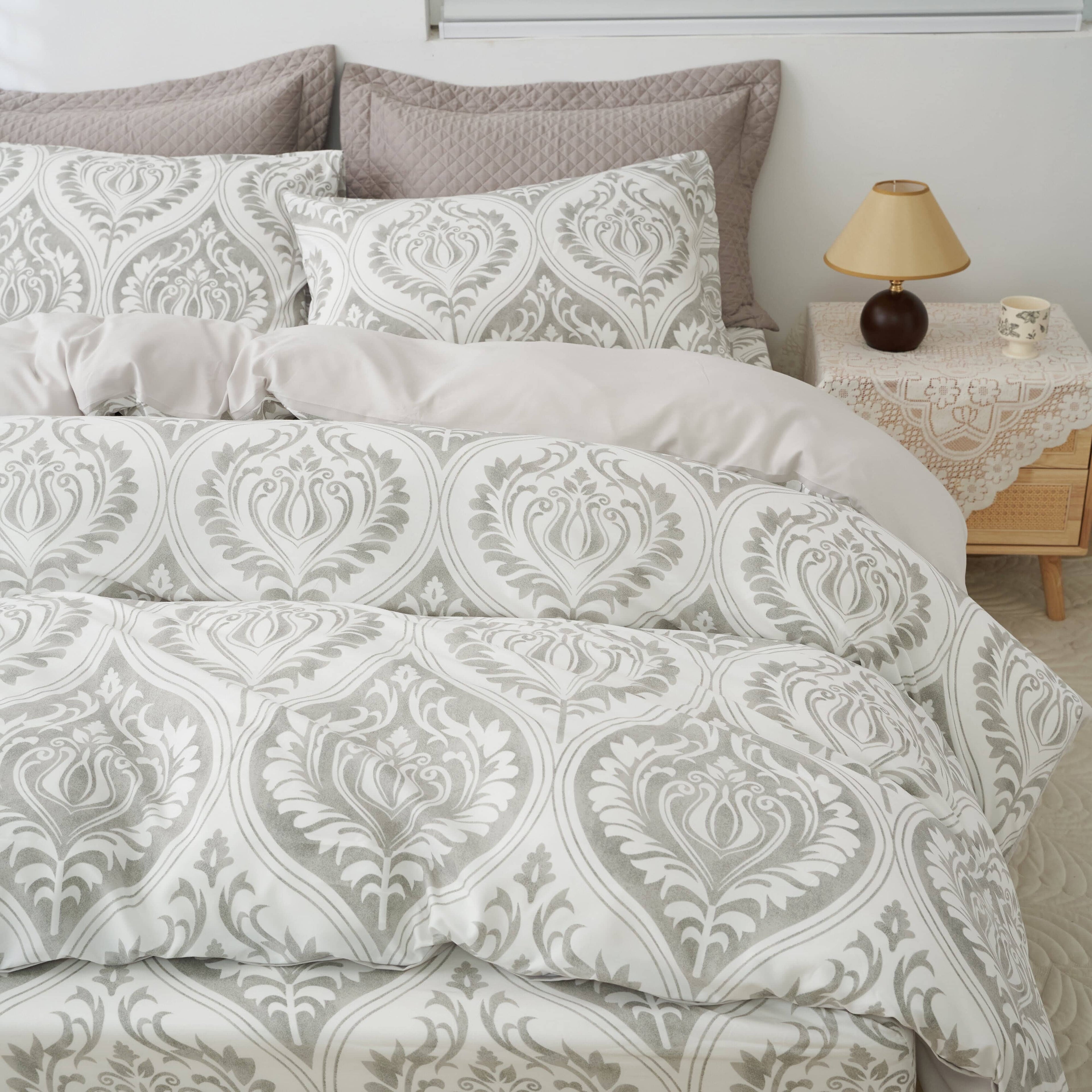 Dreamy Moon Sky Ogee Damask Heather Gray White Duvet Cover Set