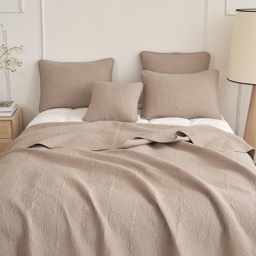 Neutral Taupe Beige Sandy Elegant Matelasse Cotton Quilted Bedspread Set