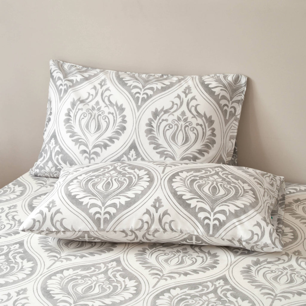 Dreamy Moon Sky Ogee Damask Heather Gray White Bed Sheet Set
