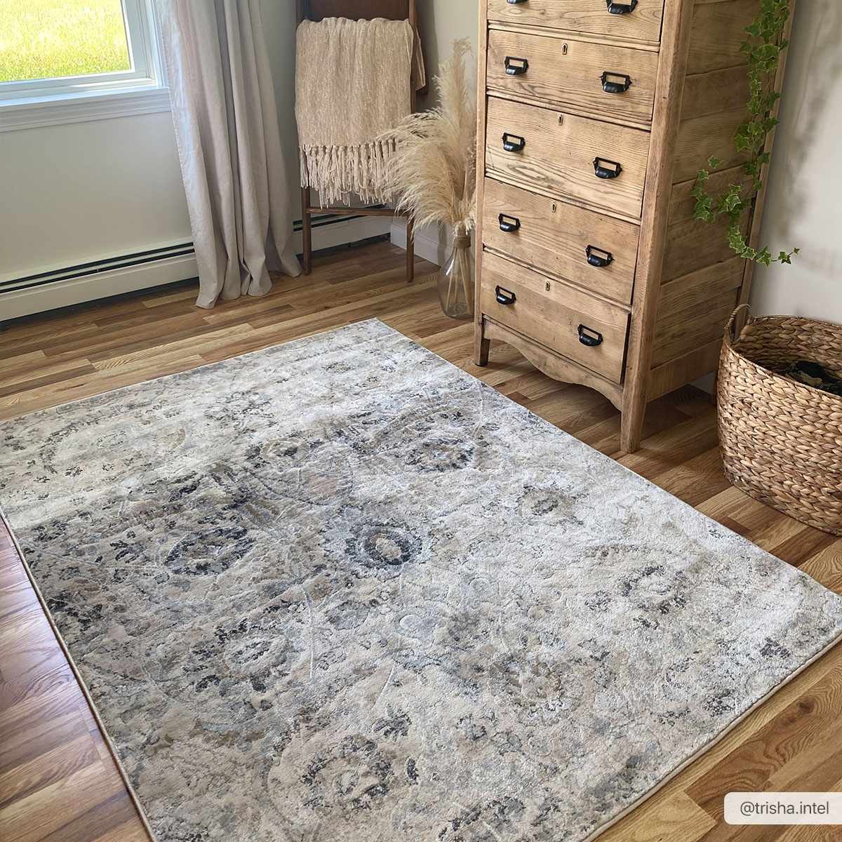 "Georgiana Beige Area Rug - Stylish Floor Decor placed in a minimalist bedroom with wood furniture, enhancing warmth and texture."