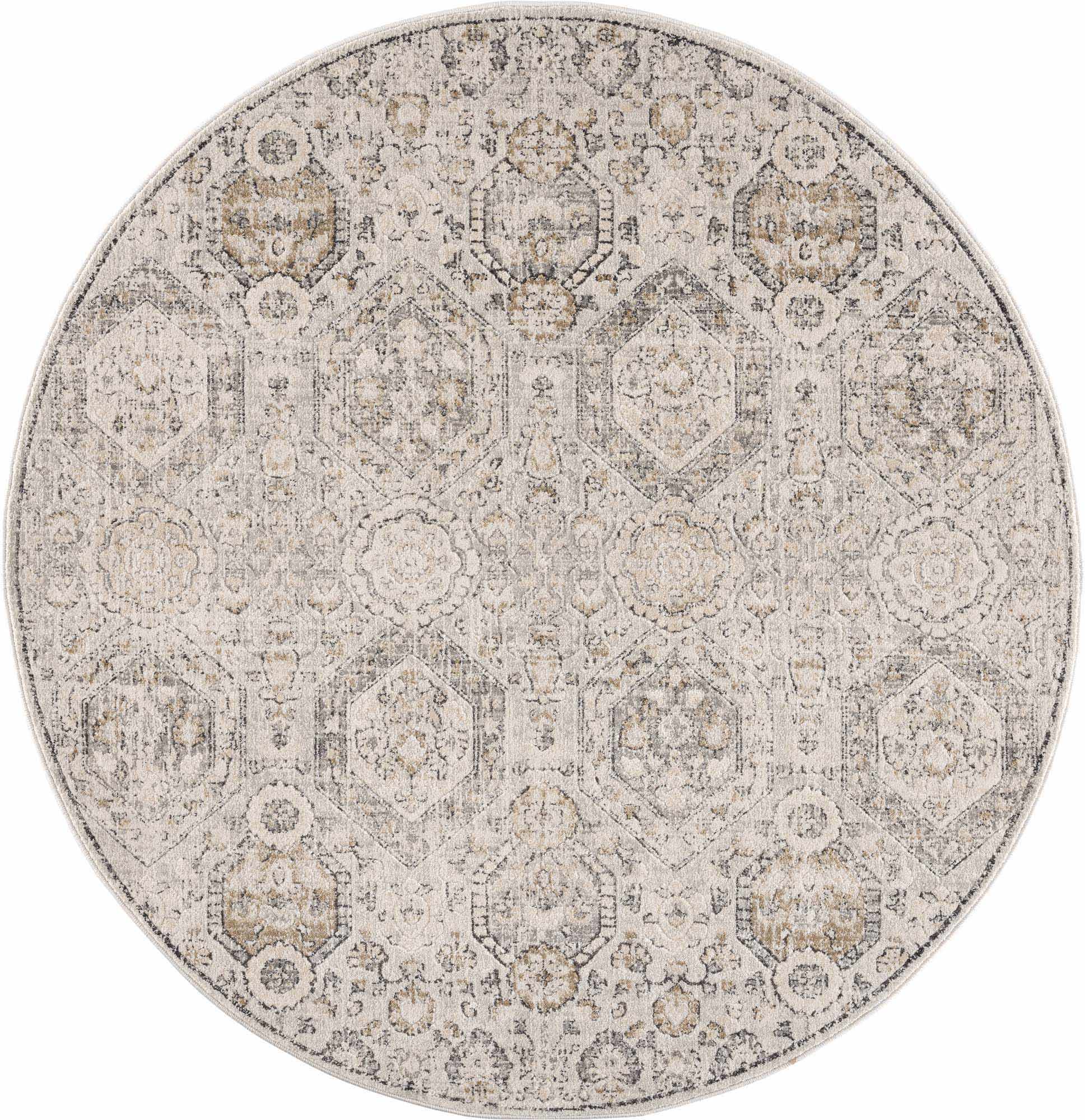 "Round Parkerfield Area Rug with intricate Moroccan patterns in beige and gray, perfect for farmhouse and rustic interiors."