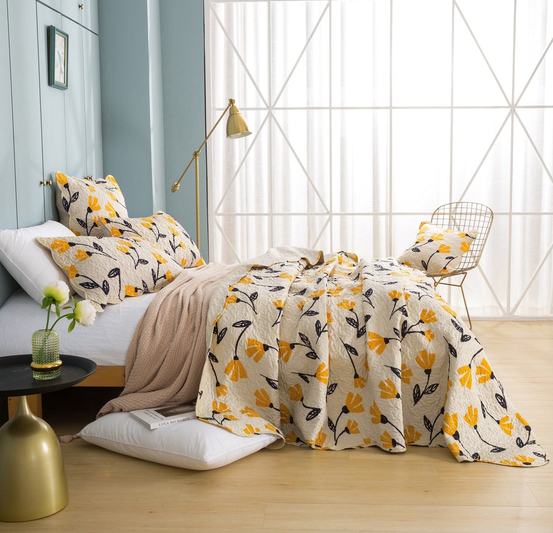 Yellow Fleur Floral Golden Orange Ivory Cream Scalloped Bedspread Set