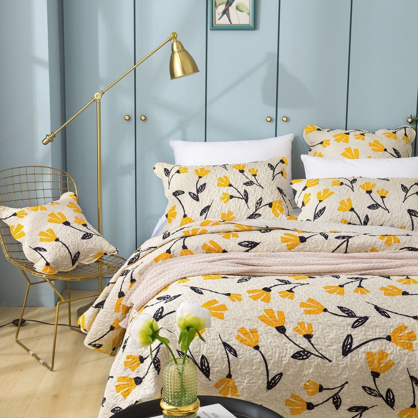 Yellow Fleur Floral Golden Orange Ivory Cream Scalloped Bedspread Set