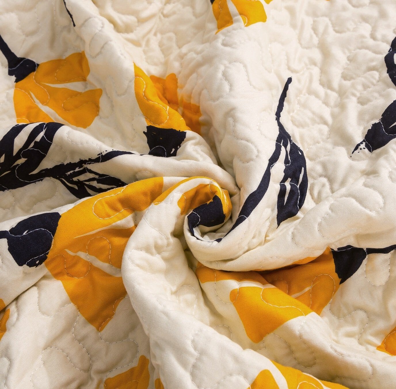 Yellow Fleur Floral Golden Orange Ivory Cream Scalloped Bedspread Set