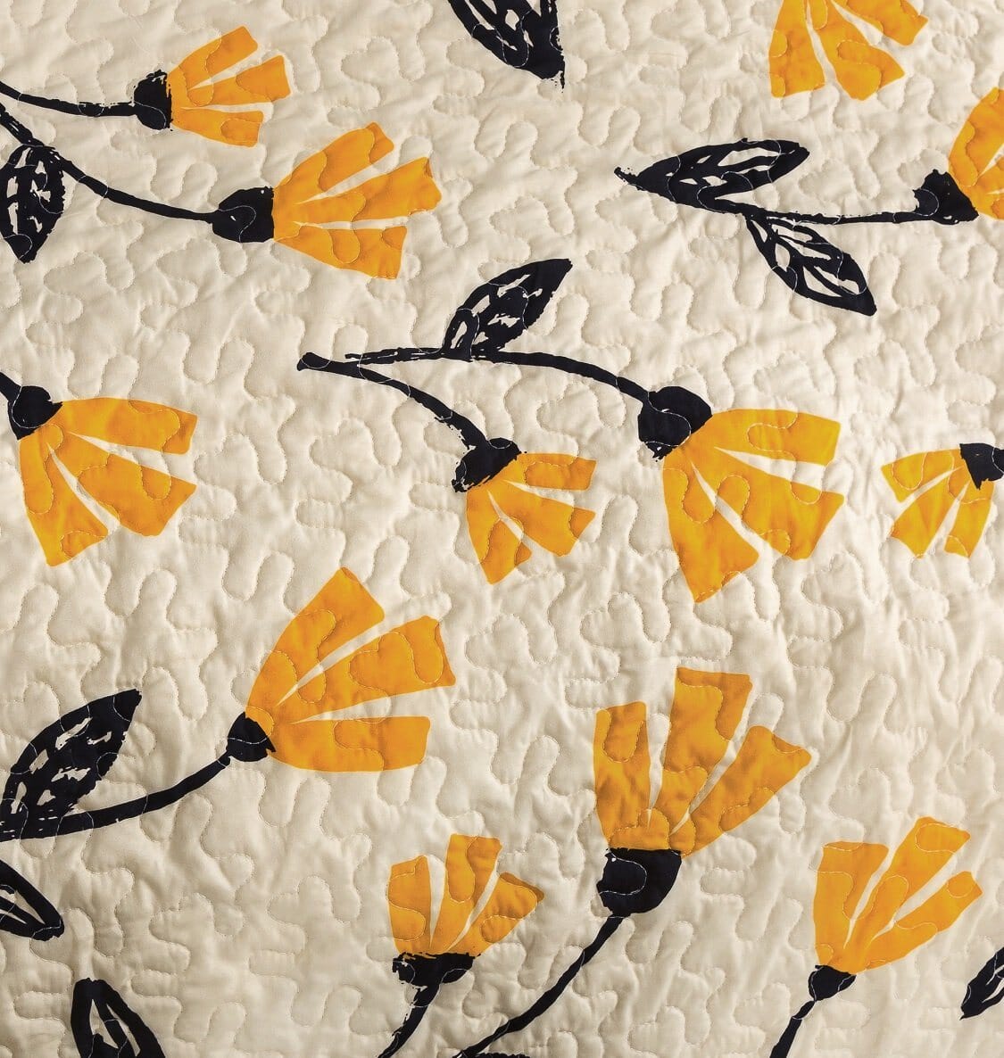Yellow Fleur Floral Golden Orange Ivory Cream Scalloped Bedspread Set