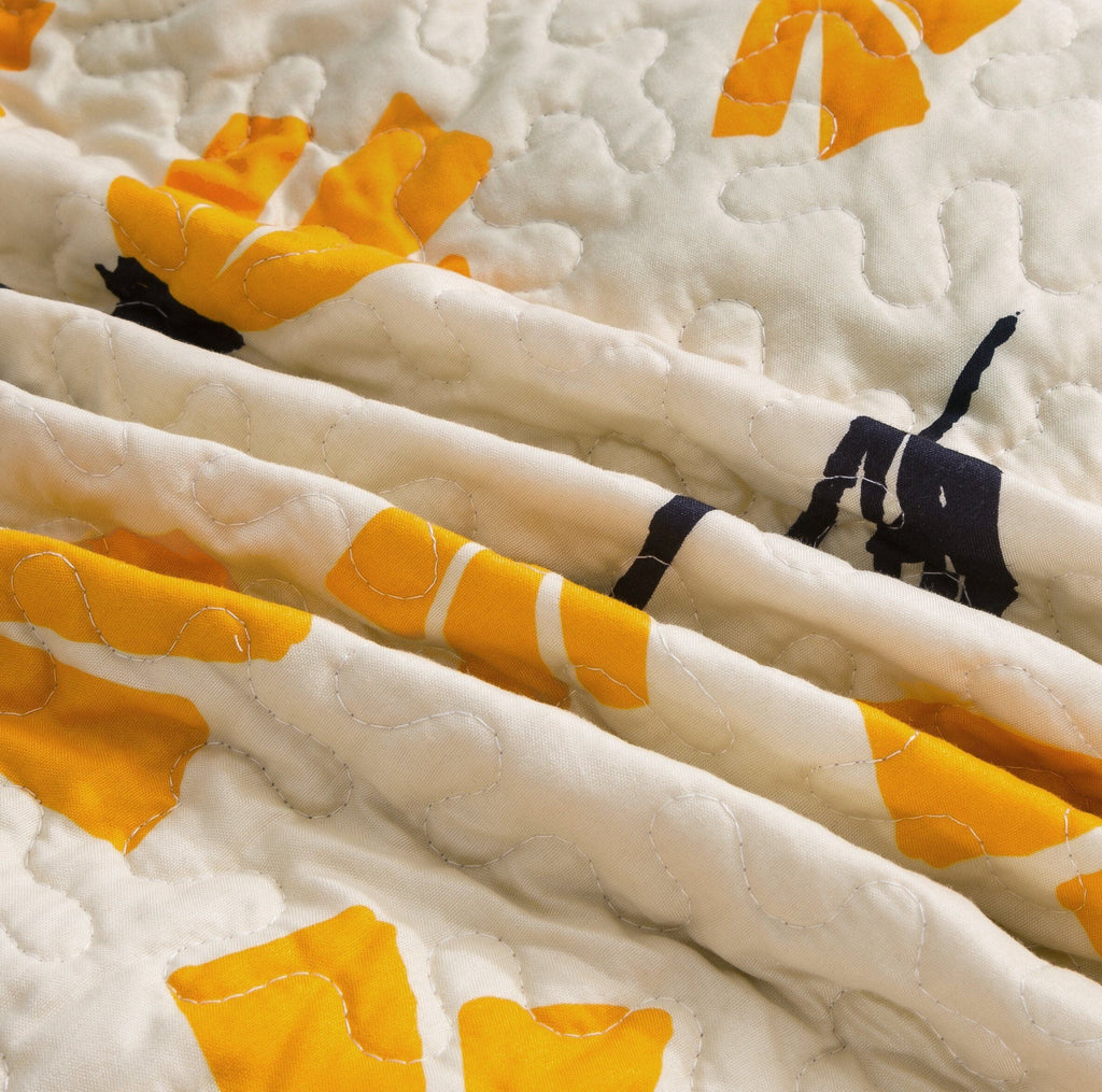 Yellow Fleur Floral Golden Orange Ivory Cream Scalloped Bedspread Set