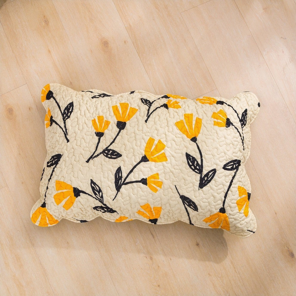 Yellow Fleur Floral Golden Orange Ivory Cream Scalloped Bedspread Set