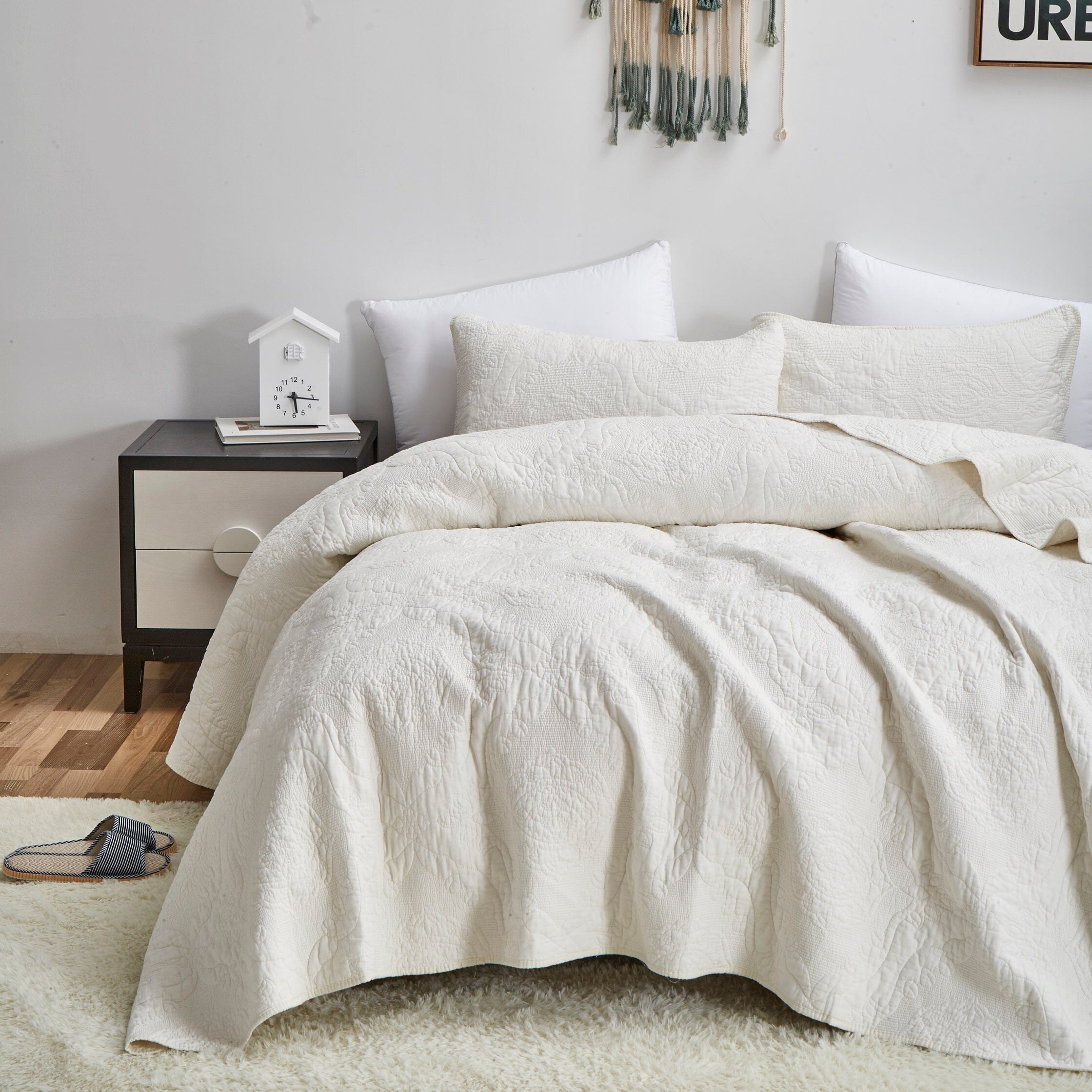 Vanilla Cream Ivory Paisley Damask Stitch Matelass¨¦ Cotton Quilt Set