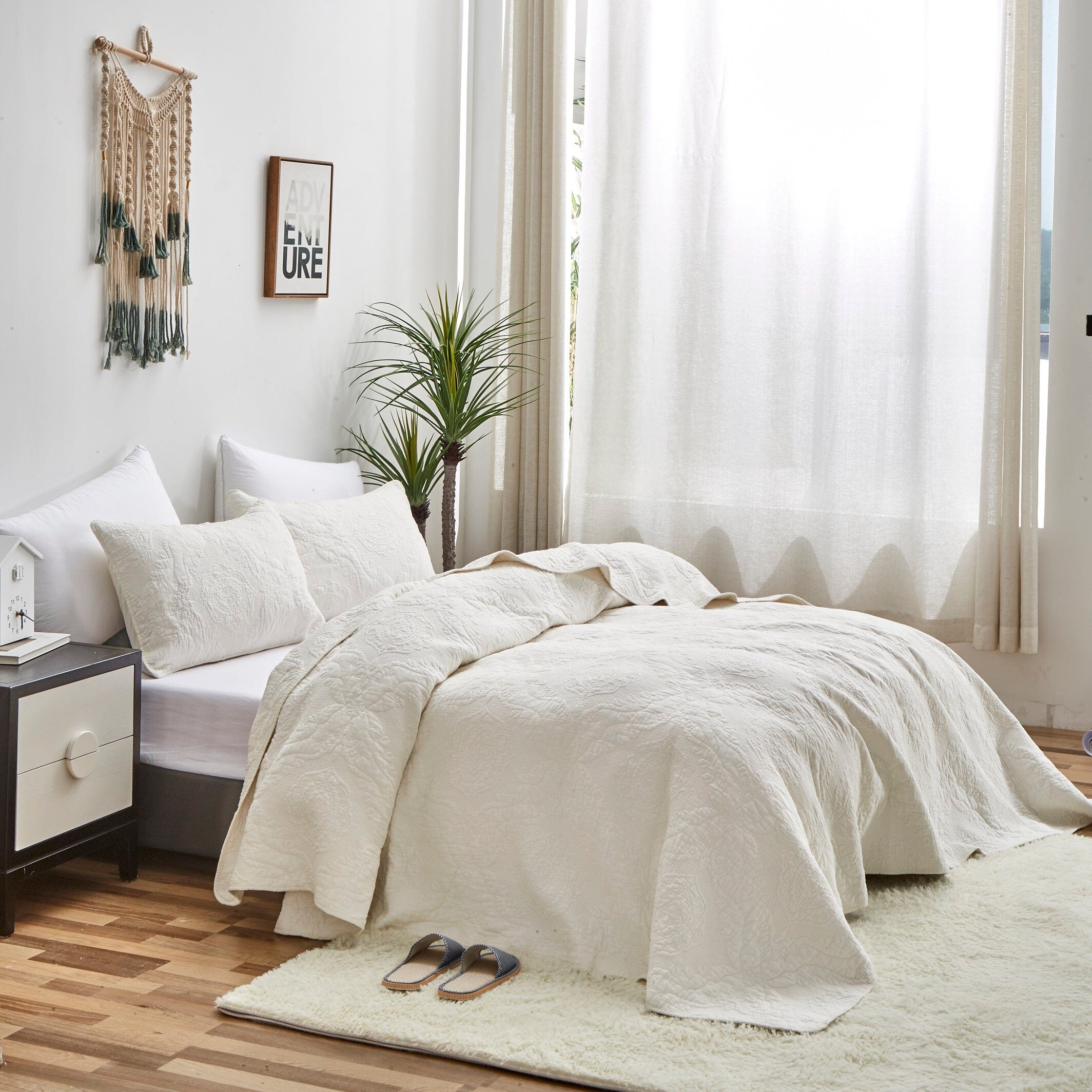 Vanilla Cream Ivory Paisley Damask Stitch Matelass¨¦ Cotton Quilt Set