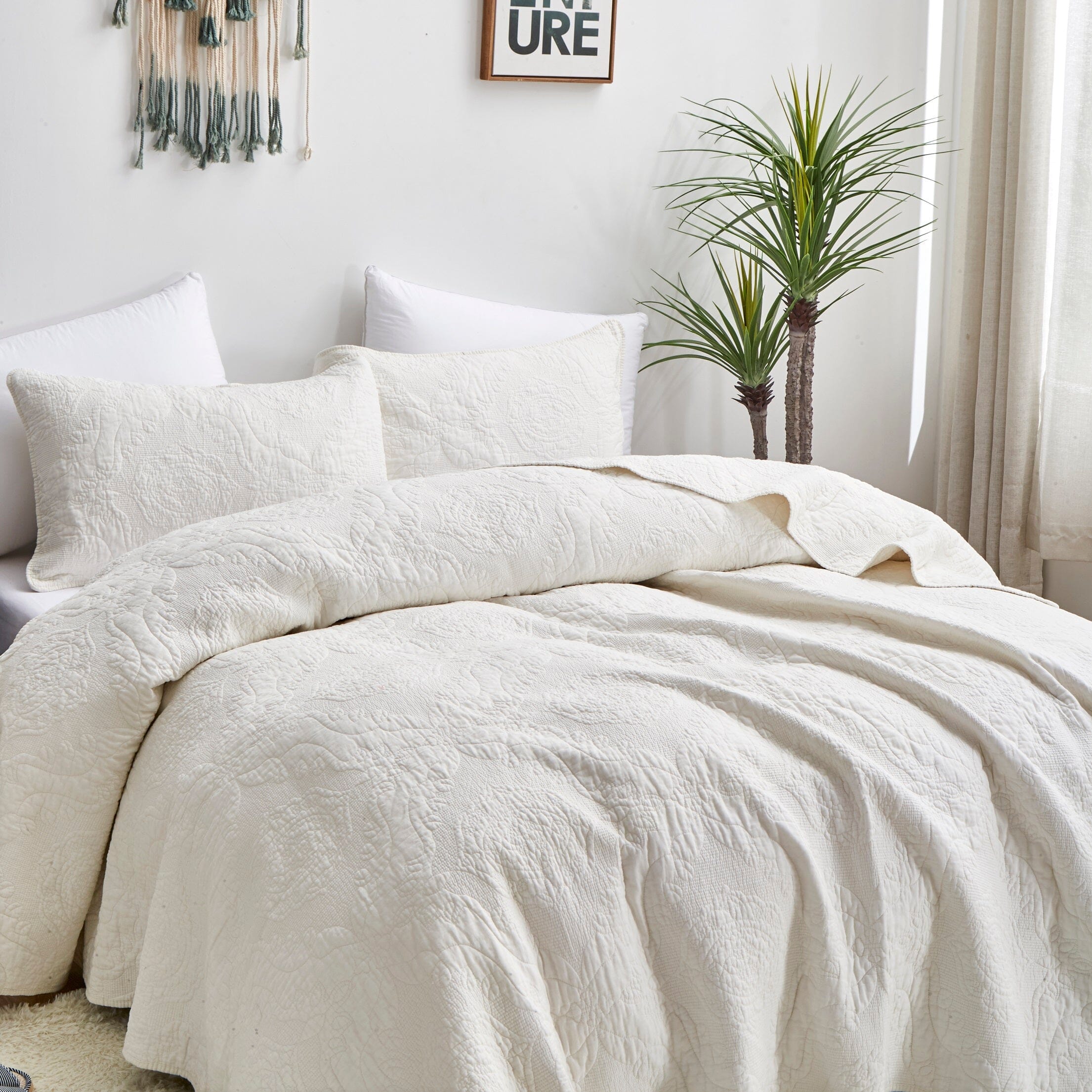 Vanilla Cream Ivory Paisley Damask Stitch Matelass¨¦ Cotton Quilt Set
