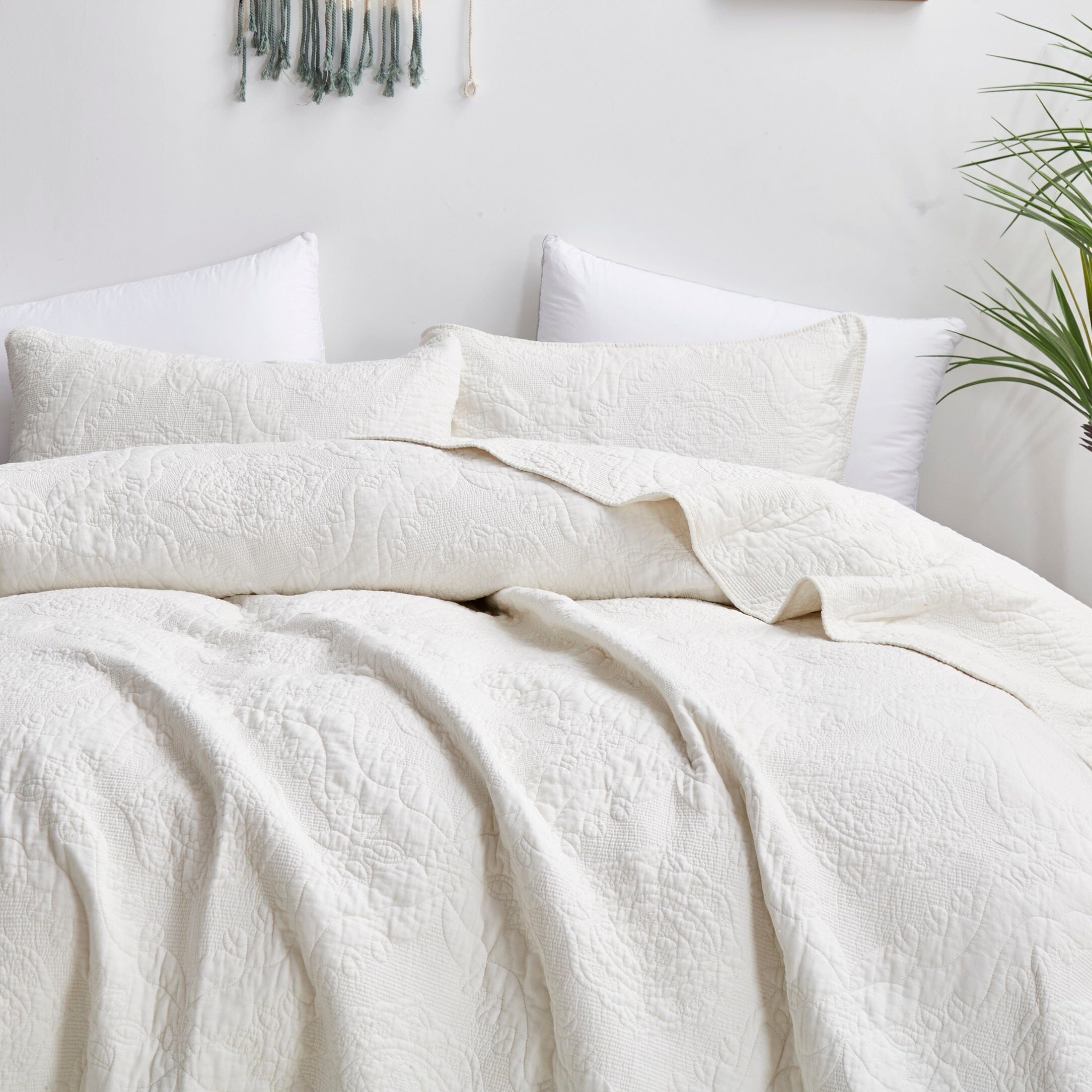 Vanilla Cream Ivory Paisley Damask Stitch Matelass¨¦ Cotton Quilt Set