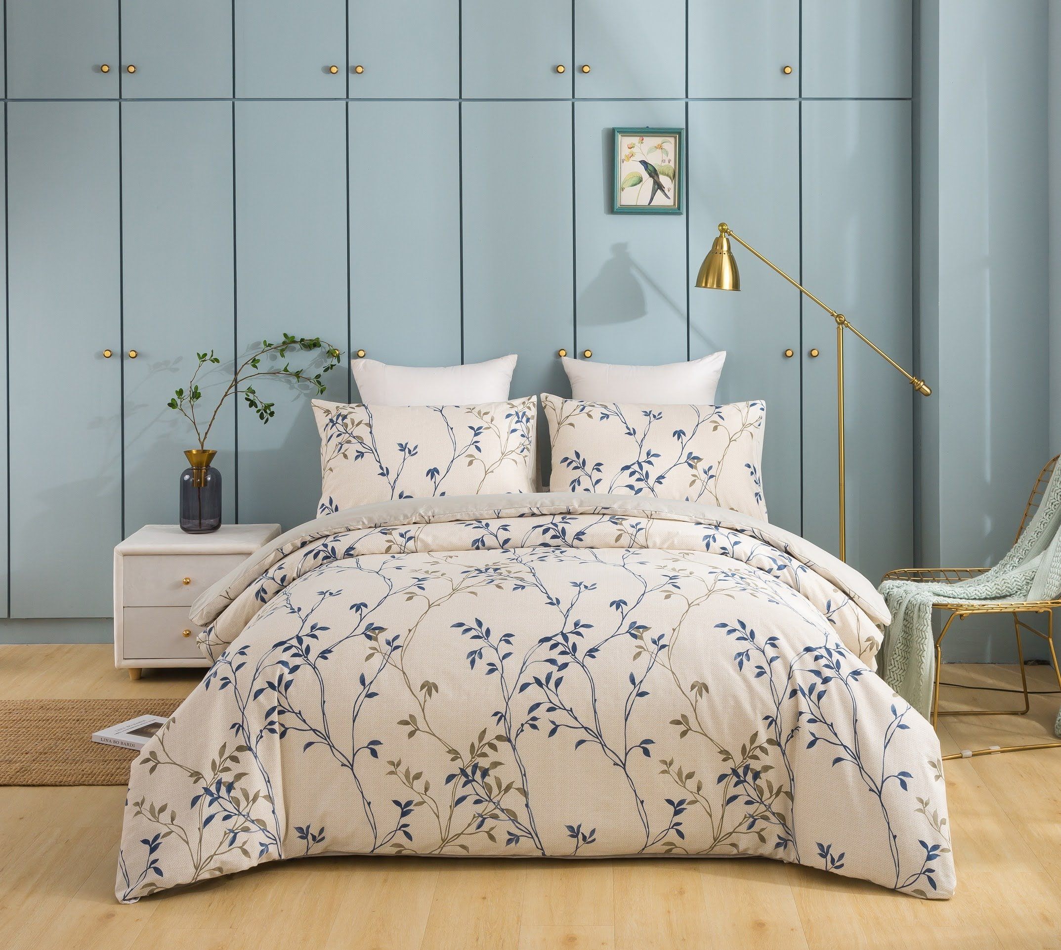Poplin Cotton Elegant Leaf Vine Cream Beige Duvet Cover