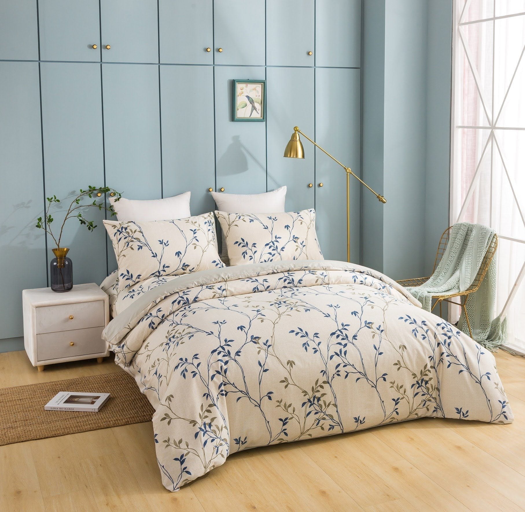 Poplin Cotton Elegant Leaf Vine Cream Beige Duvet Cover