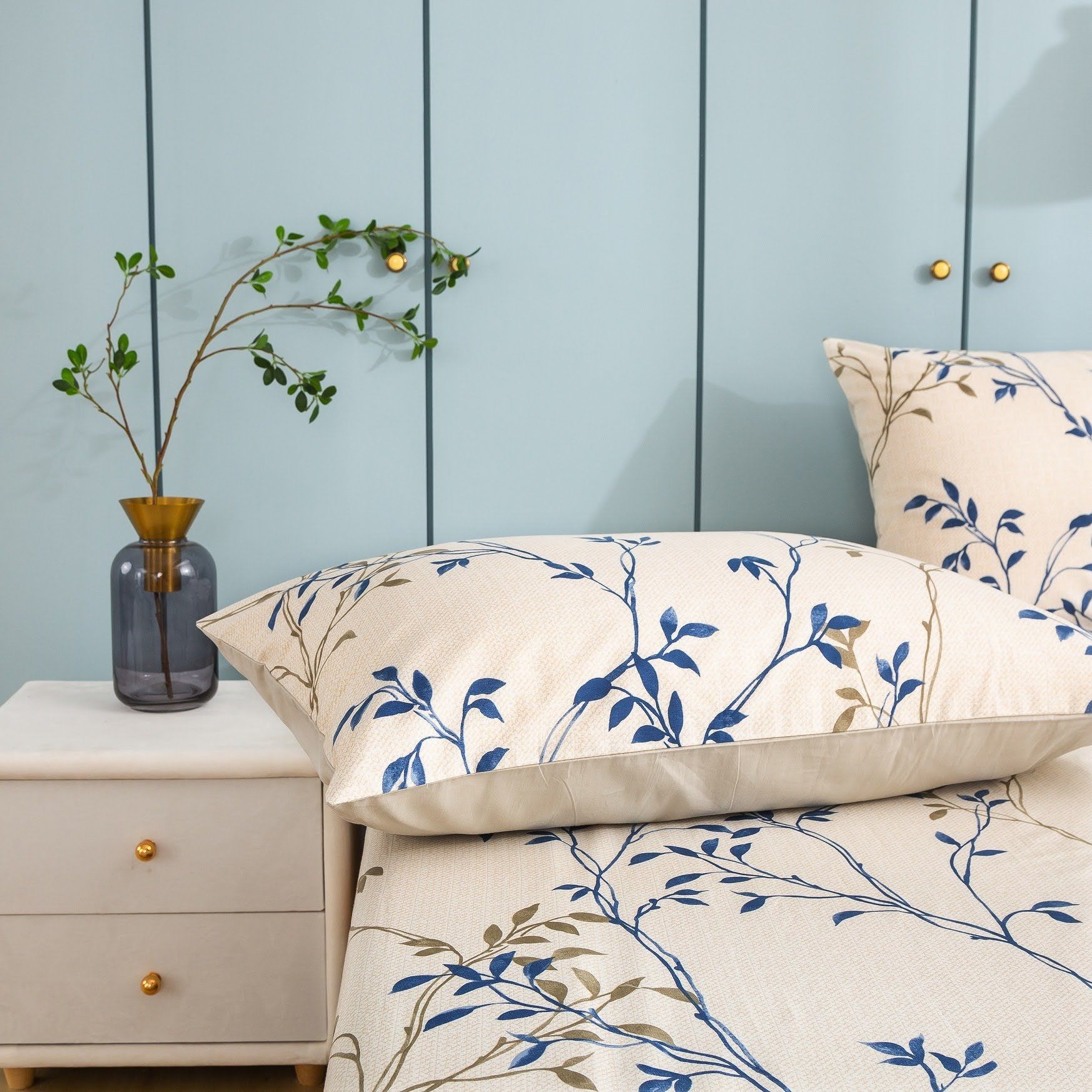 Tache Poplin Cotton Elegant Leaf Vine Cream Beige Fitted Sheet / Flat Sheet (JHW-842) by Tache Home Fashion