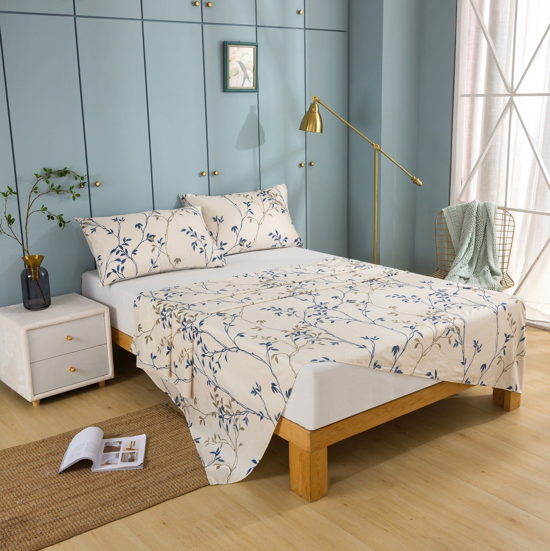 Tache Poplin Cotton Elegant Leaf Vine Cream Beige Fitted Sheet / Flat Sheet (JHW-842) by Tache Home Fashion
