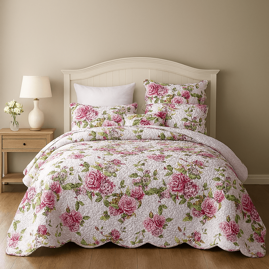 DaDa Bedding Romantic Roses Lovely Spring Pink Floral Quilted Scalloped Bedspread Set (JHW879) by DaDa Bedding Collection