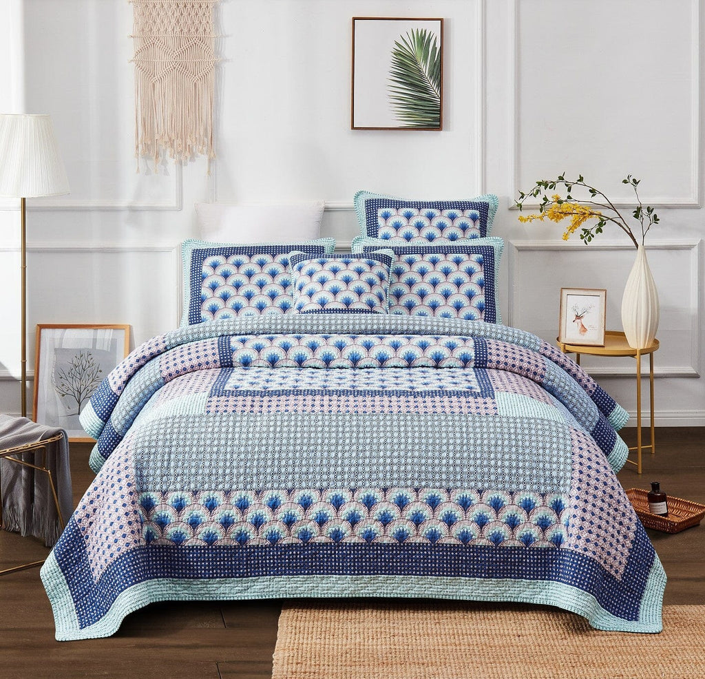 Mediterranean Blue Mint Green Patchwork Quilted Bedspread Set