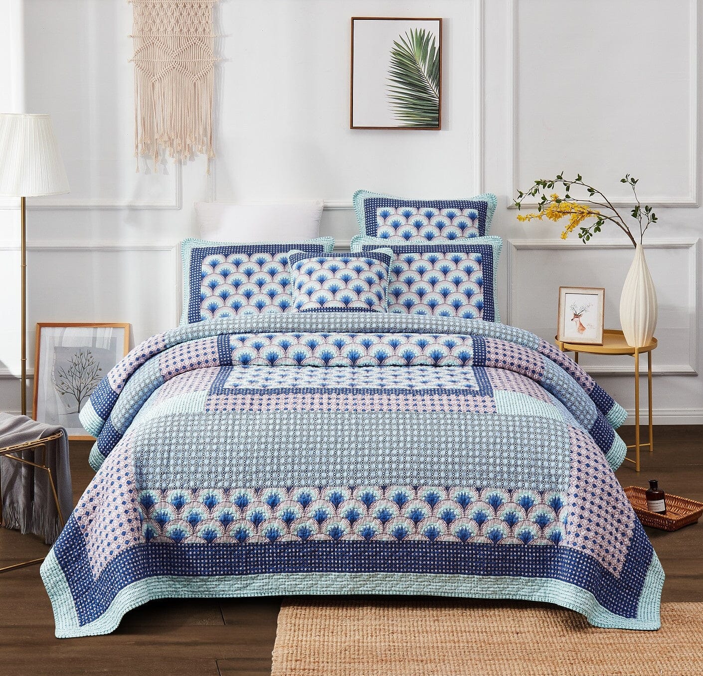 Mediterranean Blue Mint Green Patchwork Quilted Bedspread Set