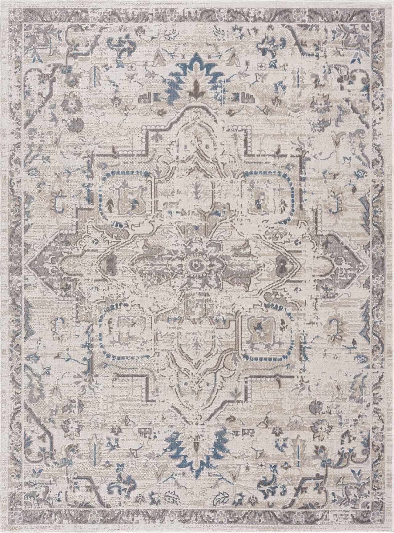 "Cabacungan Cream Washable Area Rug in neutral tones with intricate medallion pattern, ideal for living rooms or bedrooms. Machine woven polyester design."