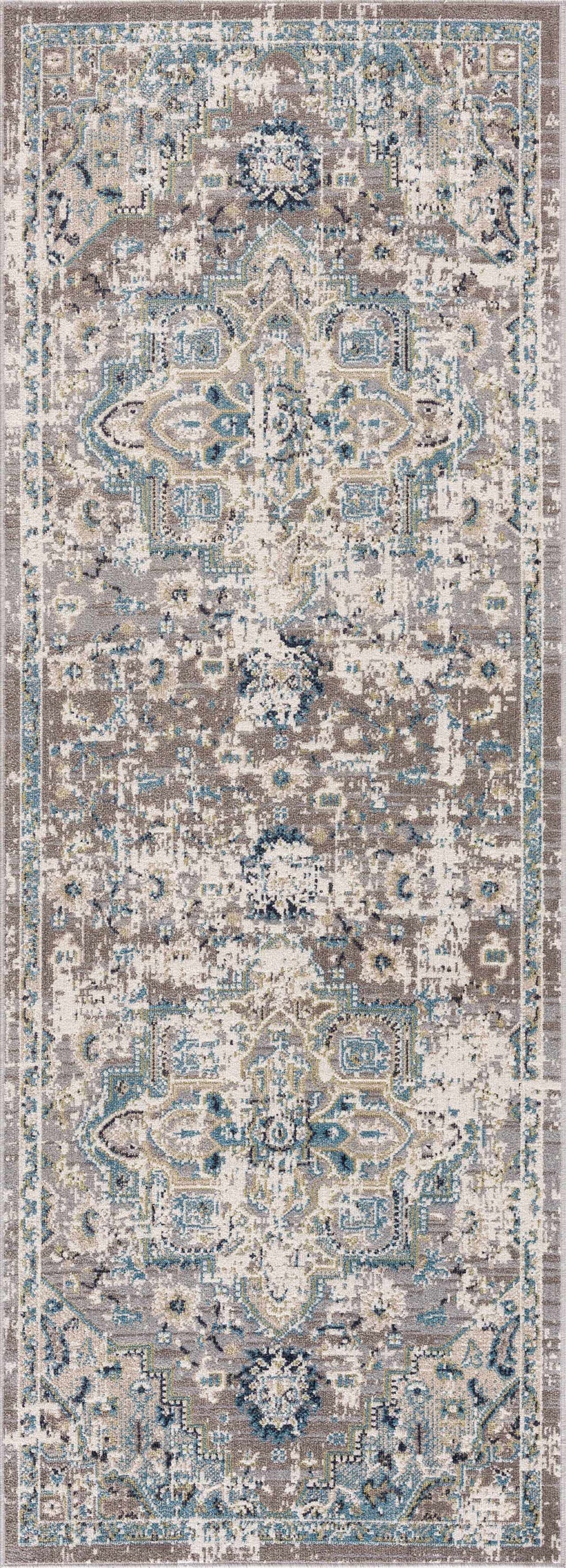 "Runner version of Cabacungan Gray & Blue Rug with symmetrical traditional motifs, ideal for hallways and narrow spaces."