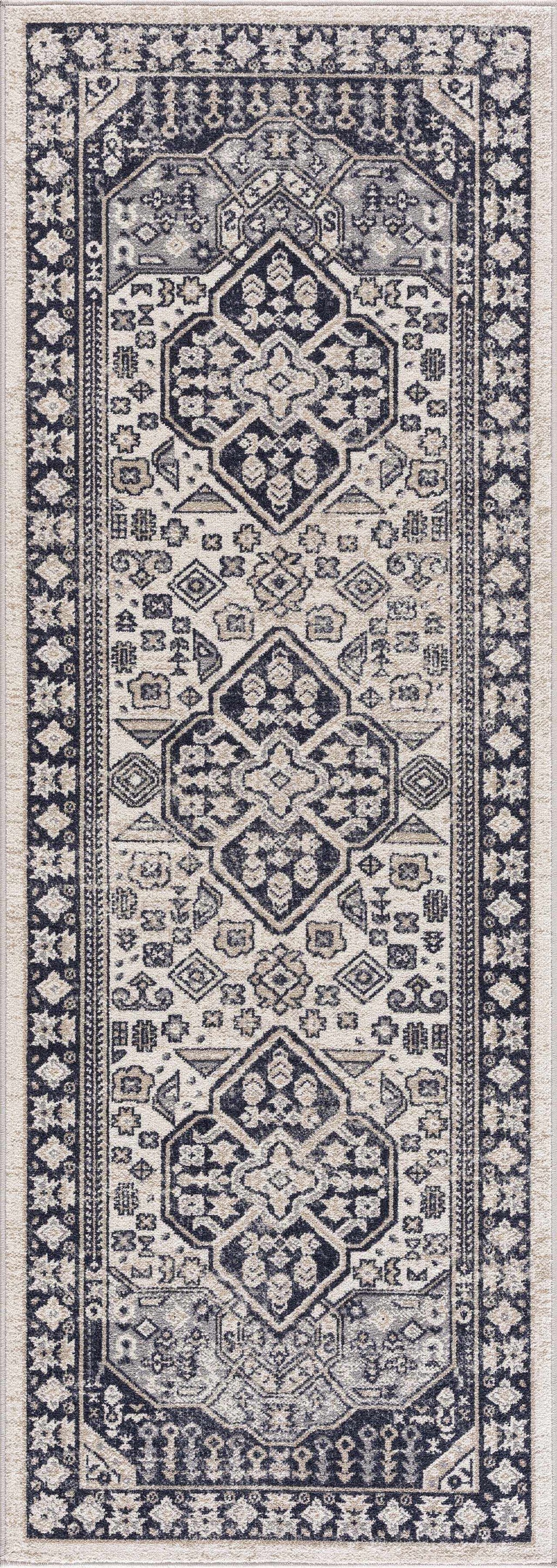 "Top view of Cabacungan runner rug in cream and gray with traditional motifs, ideal for hallways and compact spaces."