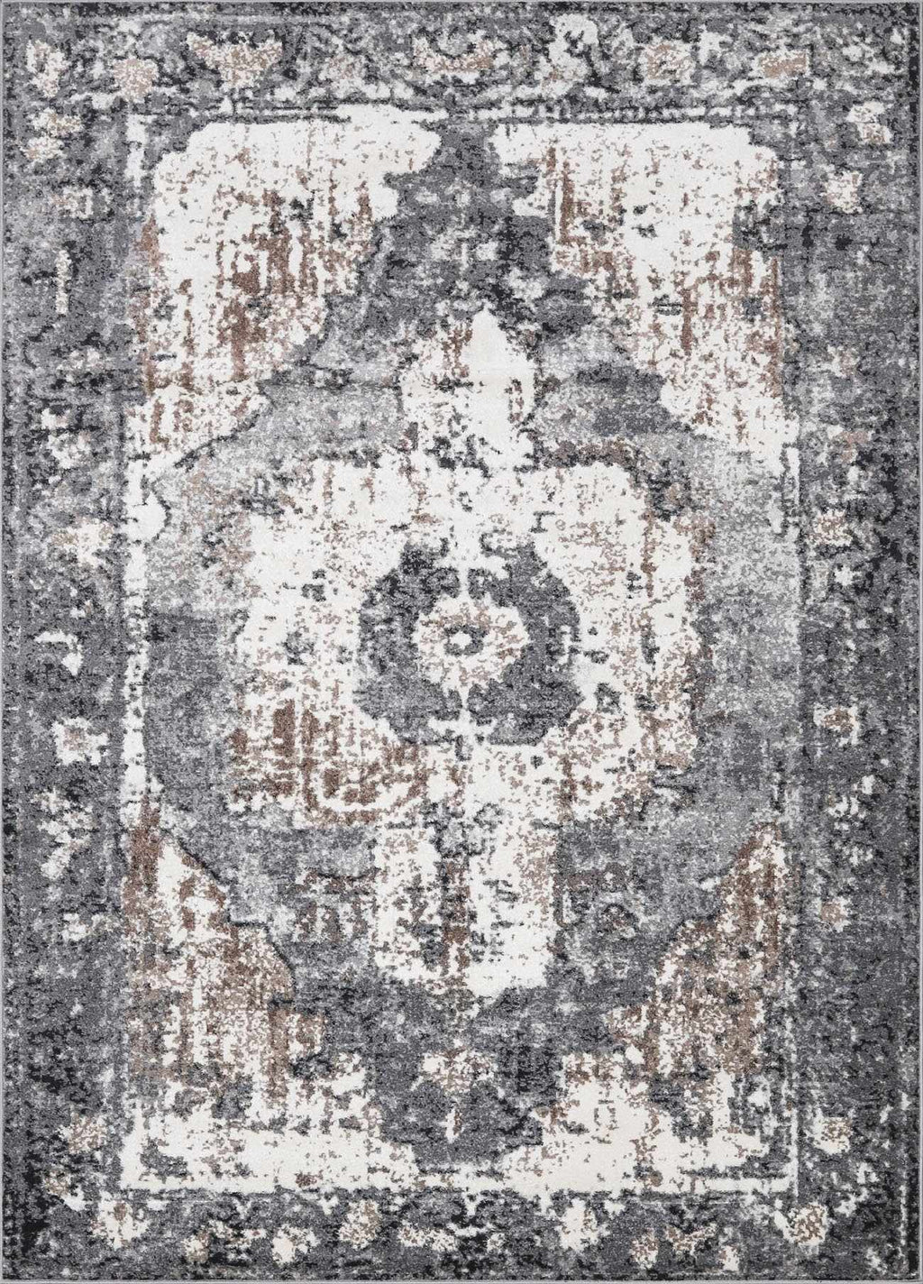 "Newalla Area Rug - Traditional Design | Medium Pile rug featuring a distressed charcoal, ivory, and camel pattern with ornate central medallion."