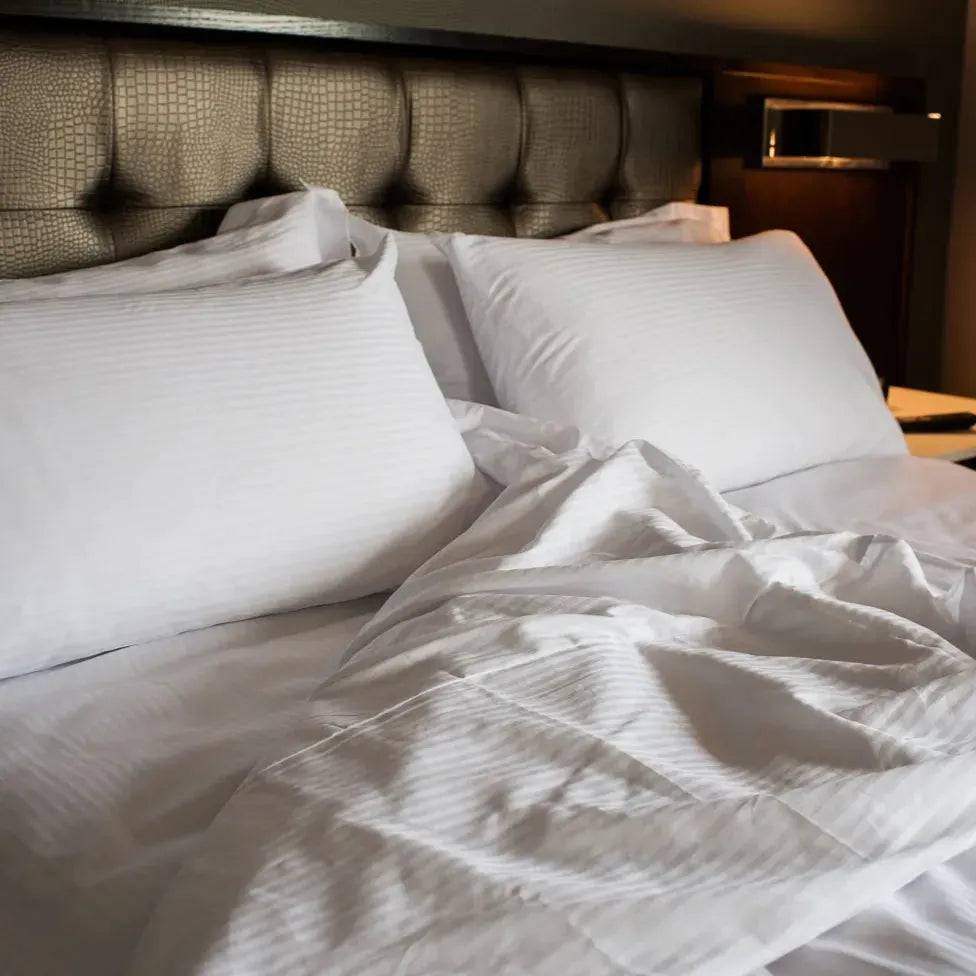 T-250 White Blended 10 MM Satin Stripe Bed Sheets by Rifz Textiles Inc