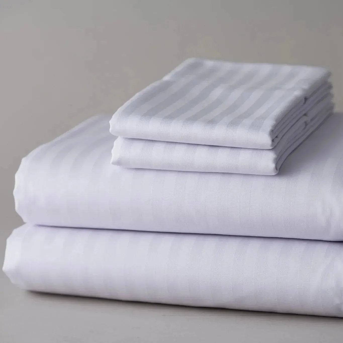 T-250 White Blended 10 MM Satin Stripe Bed Sheets by Rifz Textiles Inc
