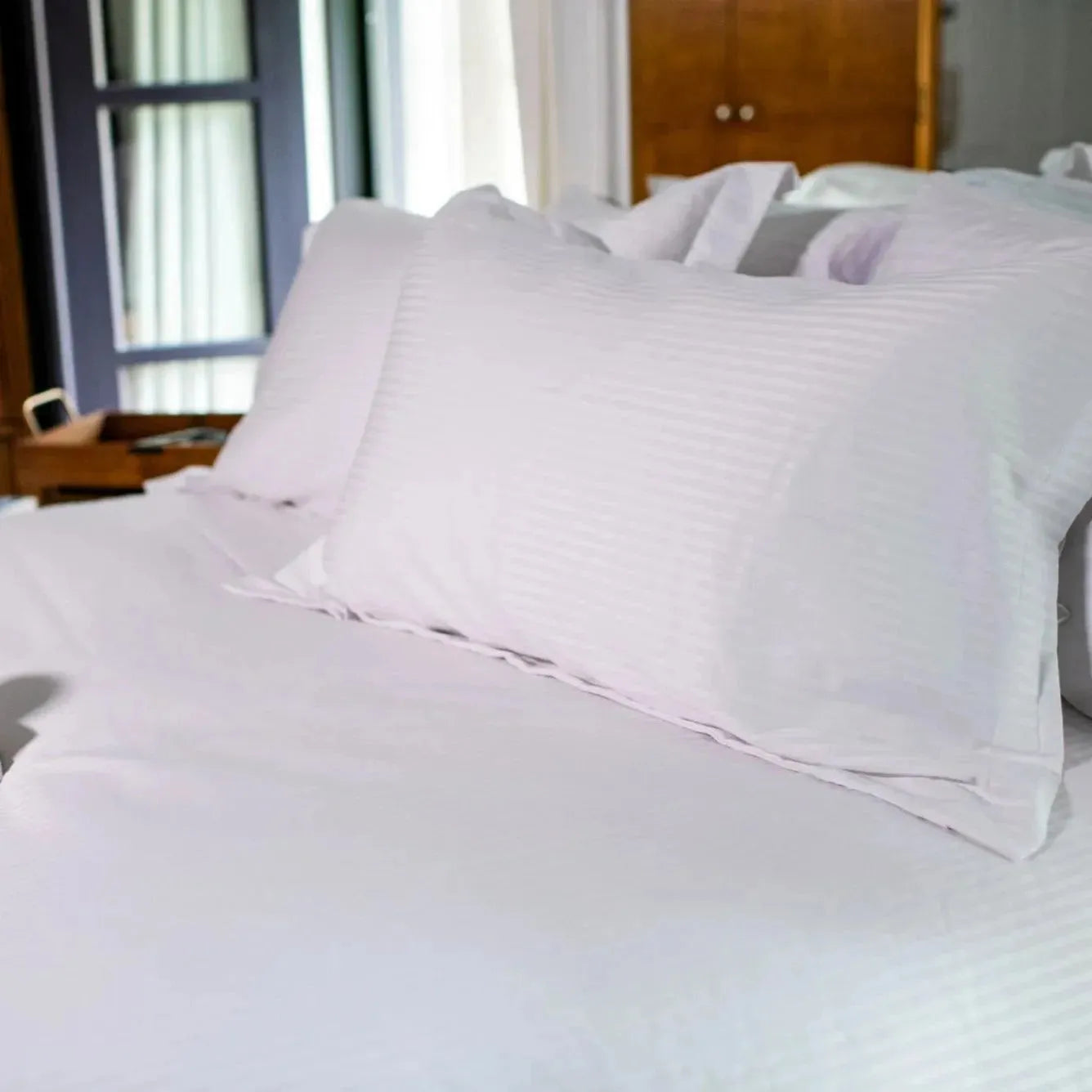 T-310 White Blended 6MM Satin Stripe Bed Sheets by Rifz Textiles Inc