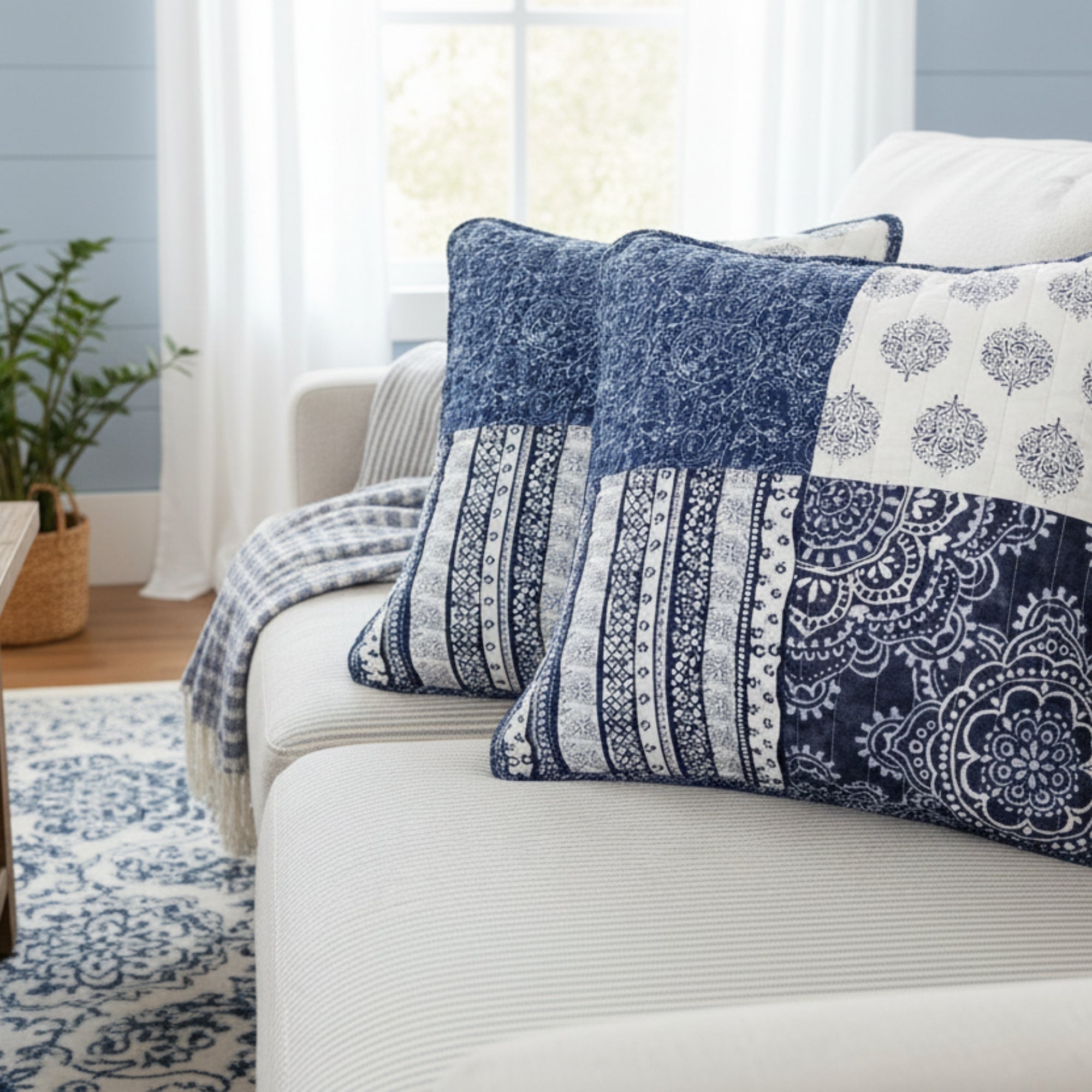 "Bohemian Denim Blue Elegance Throw Pillow Covers - 18¡± x 18"""