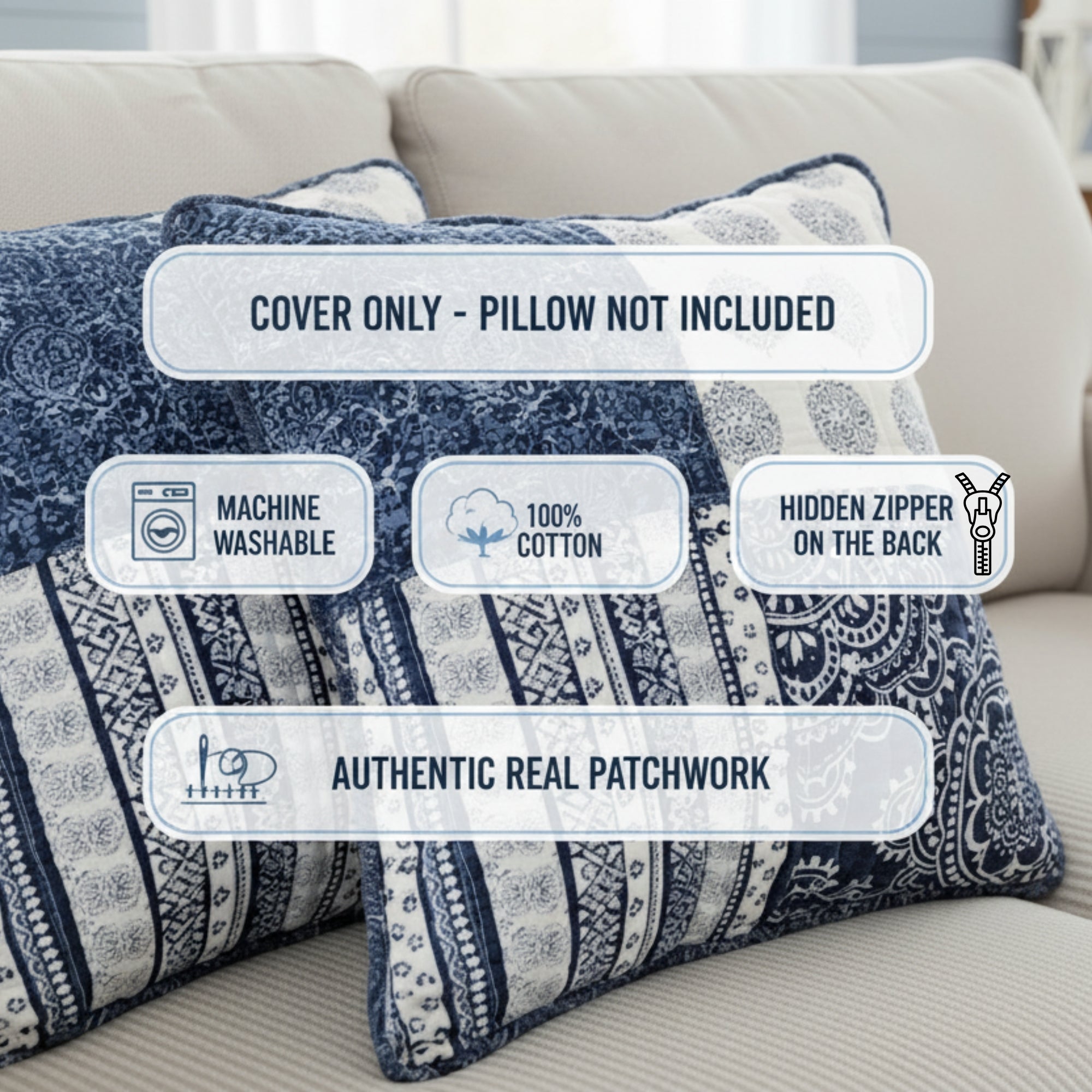 "Bohemian Denim Blue Elegance Throw Pillow Covers - 18¡± x 18"""